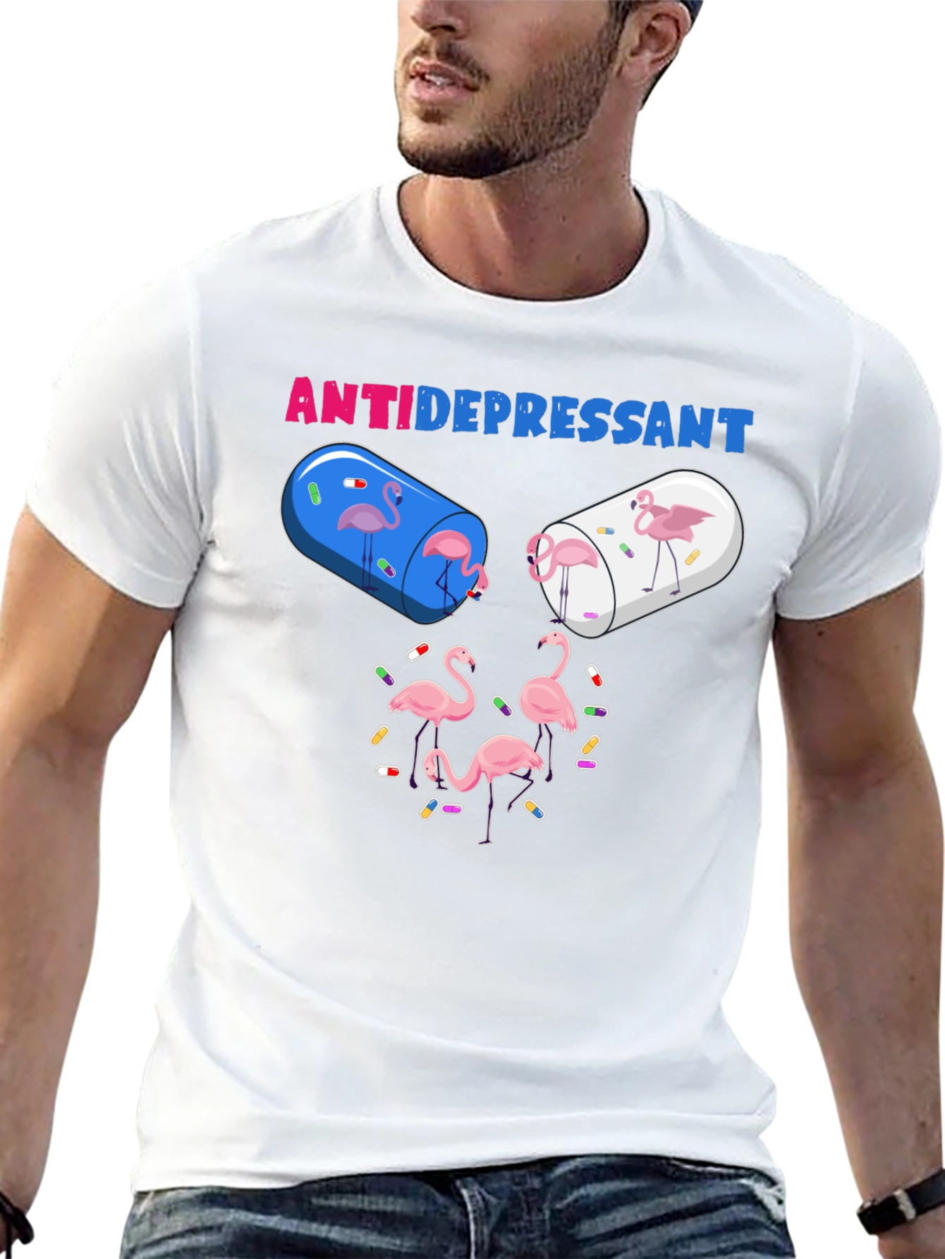 Antidepressant Flamingo Pill Funny Graphic T-Shirt