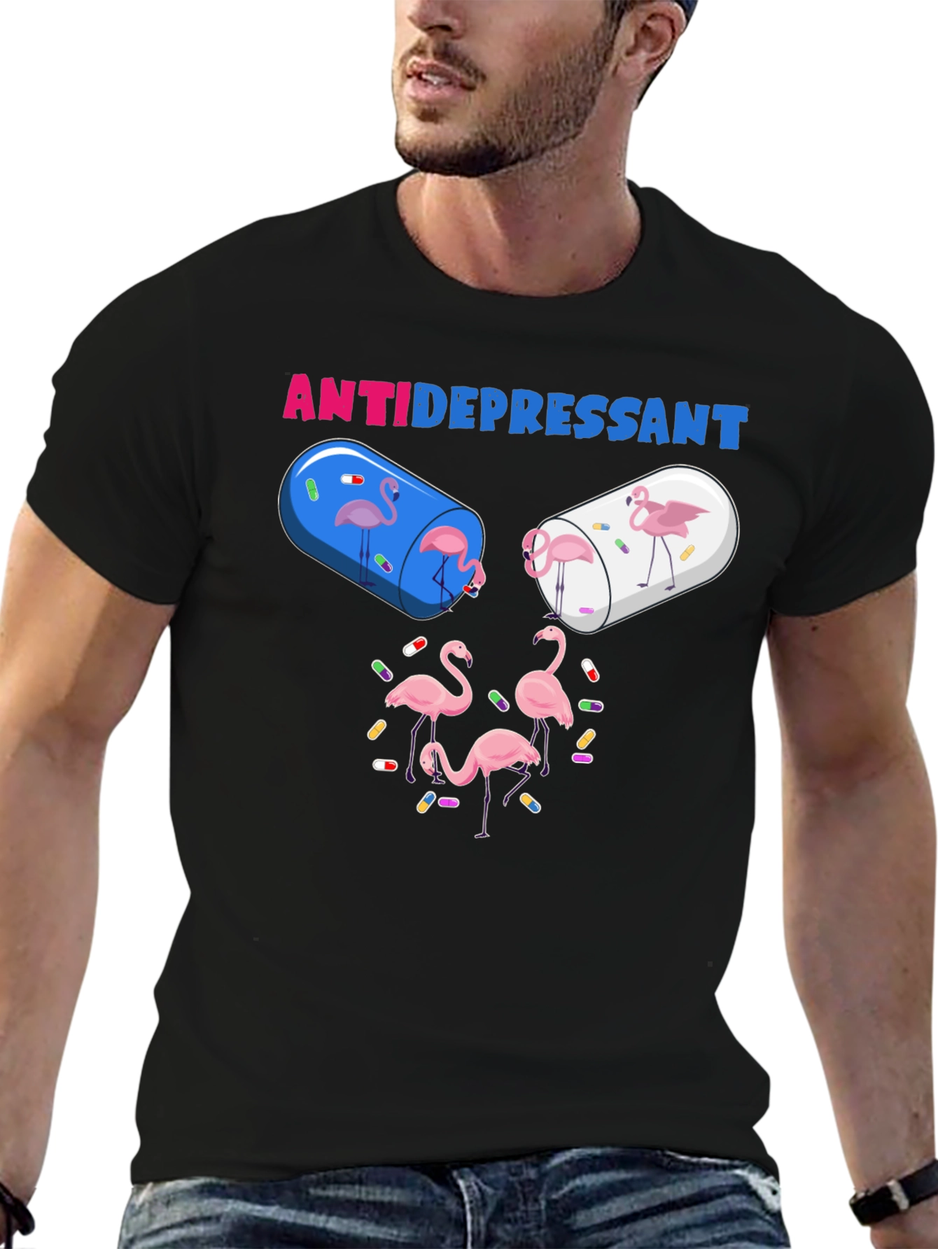 Antidepressant Flamingo Pill Funny Graphic T-Shirt