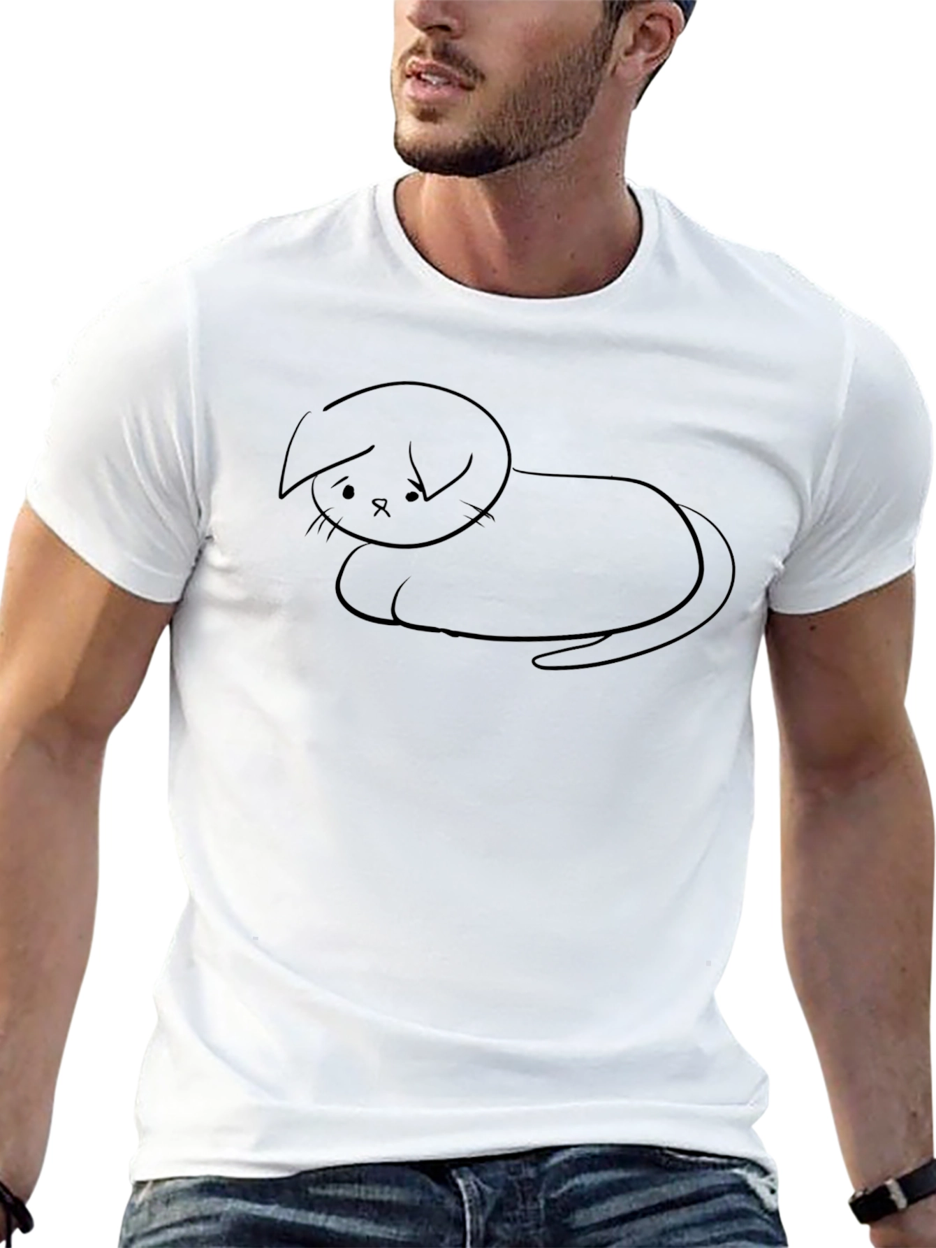 Sad Cat Sketch Black T-Shirt - Unisex Casual Tee