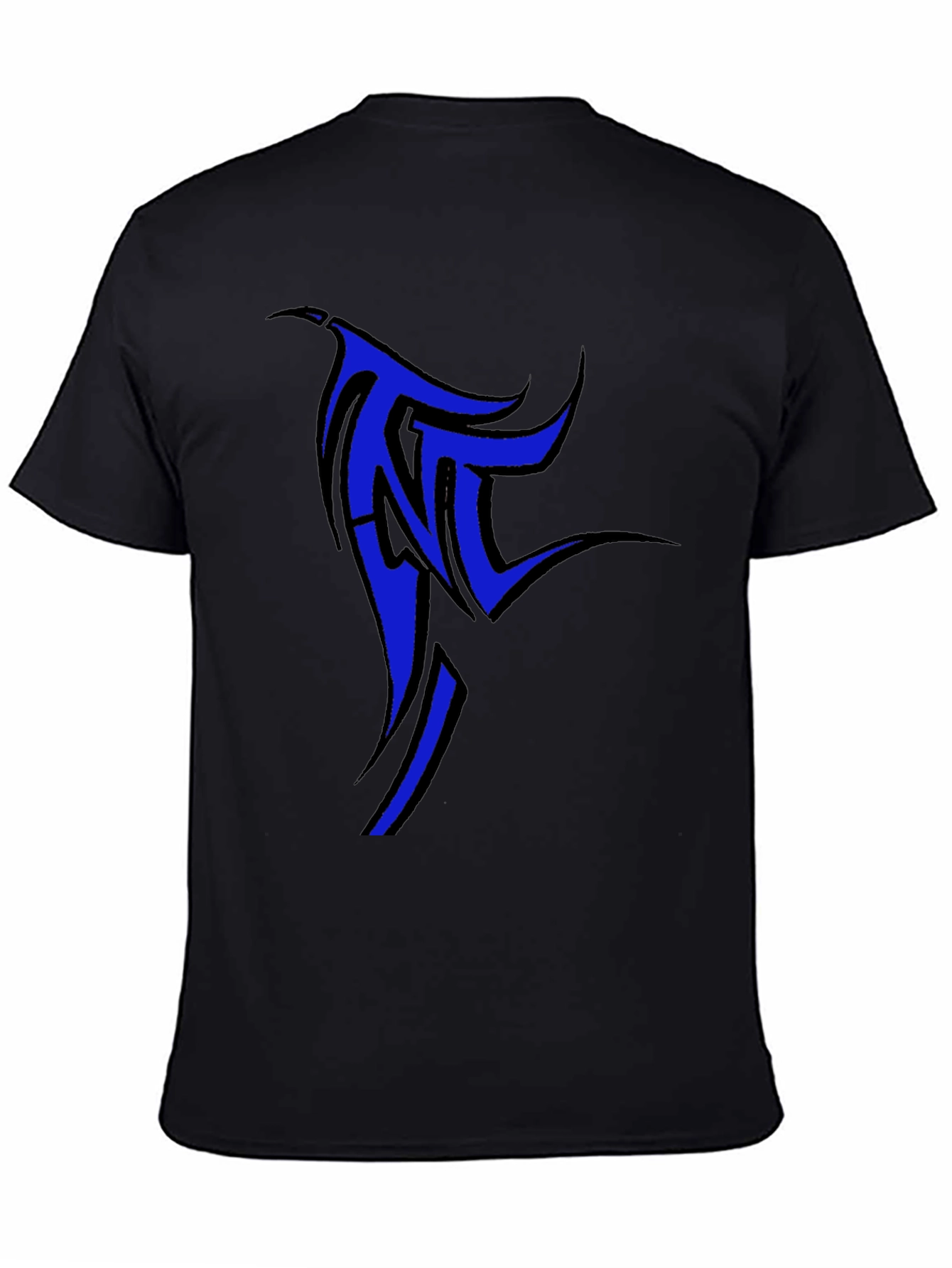 Black T-Shirt with Blue Tribal Design