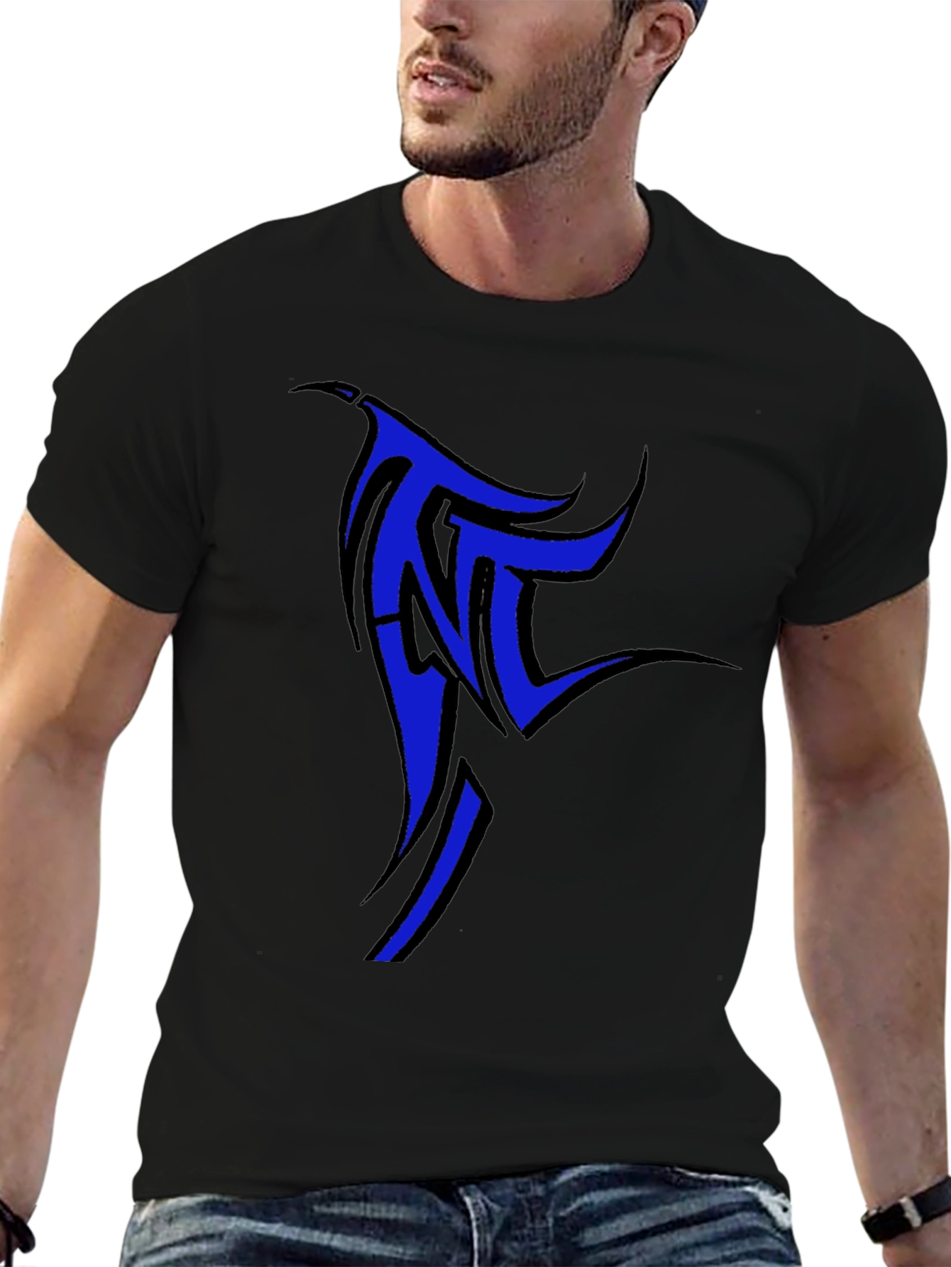 Black T-Shirt with Blue Tribal Design