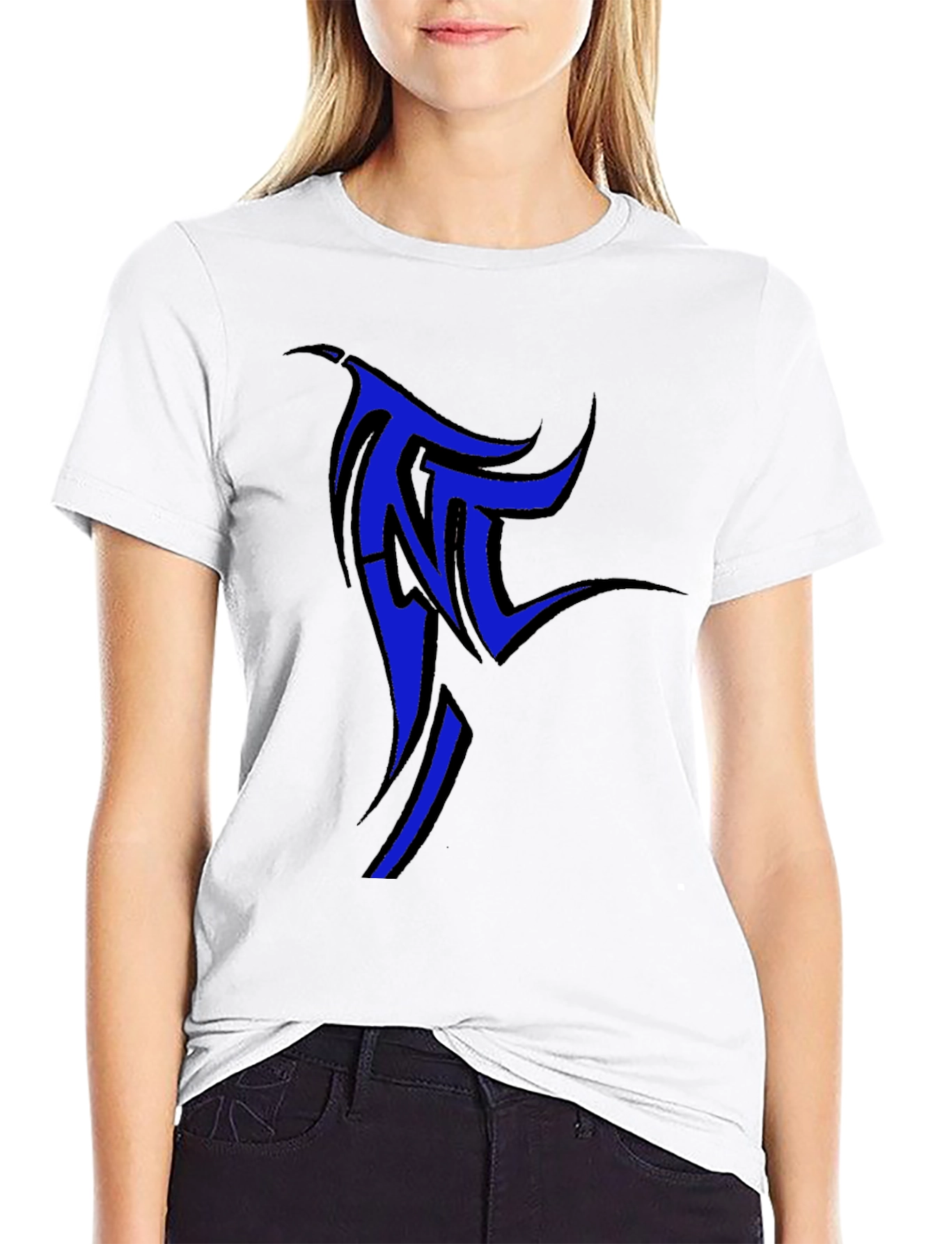 Black T-Shirt with Blue Tribal Design