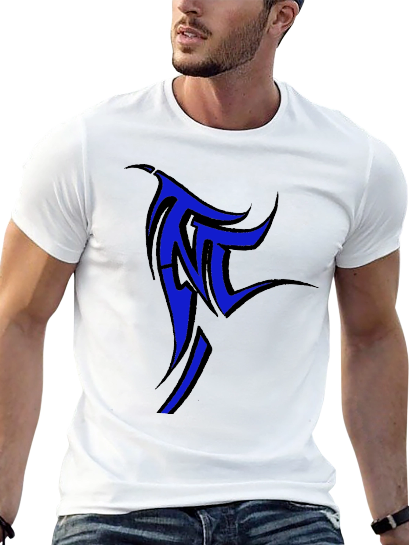 Black T-Shirt with Blue Tribal Design