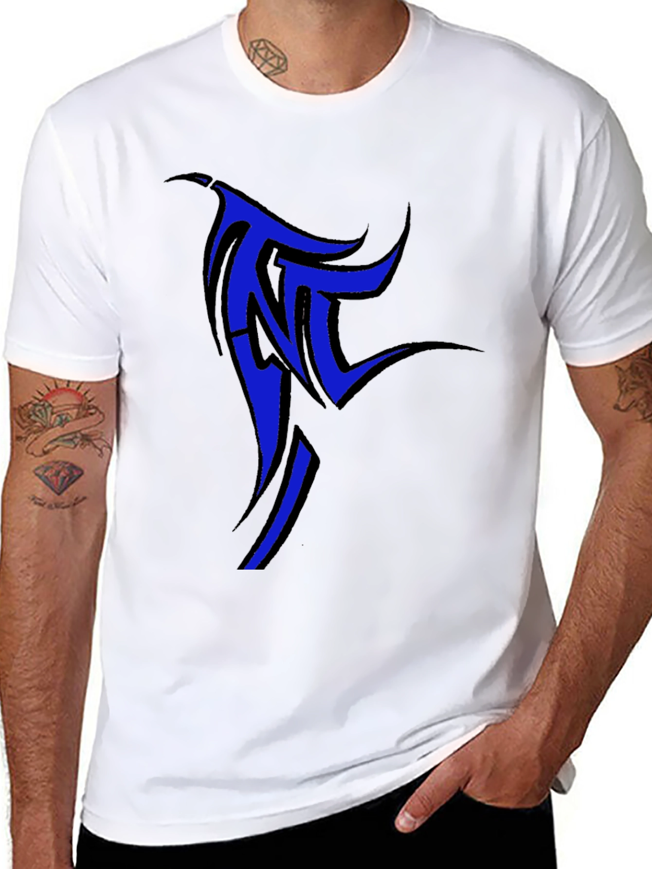 Black T-Shirt with Blue Tribal Design