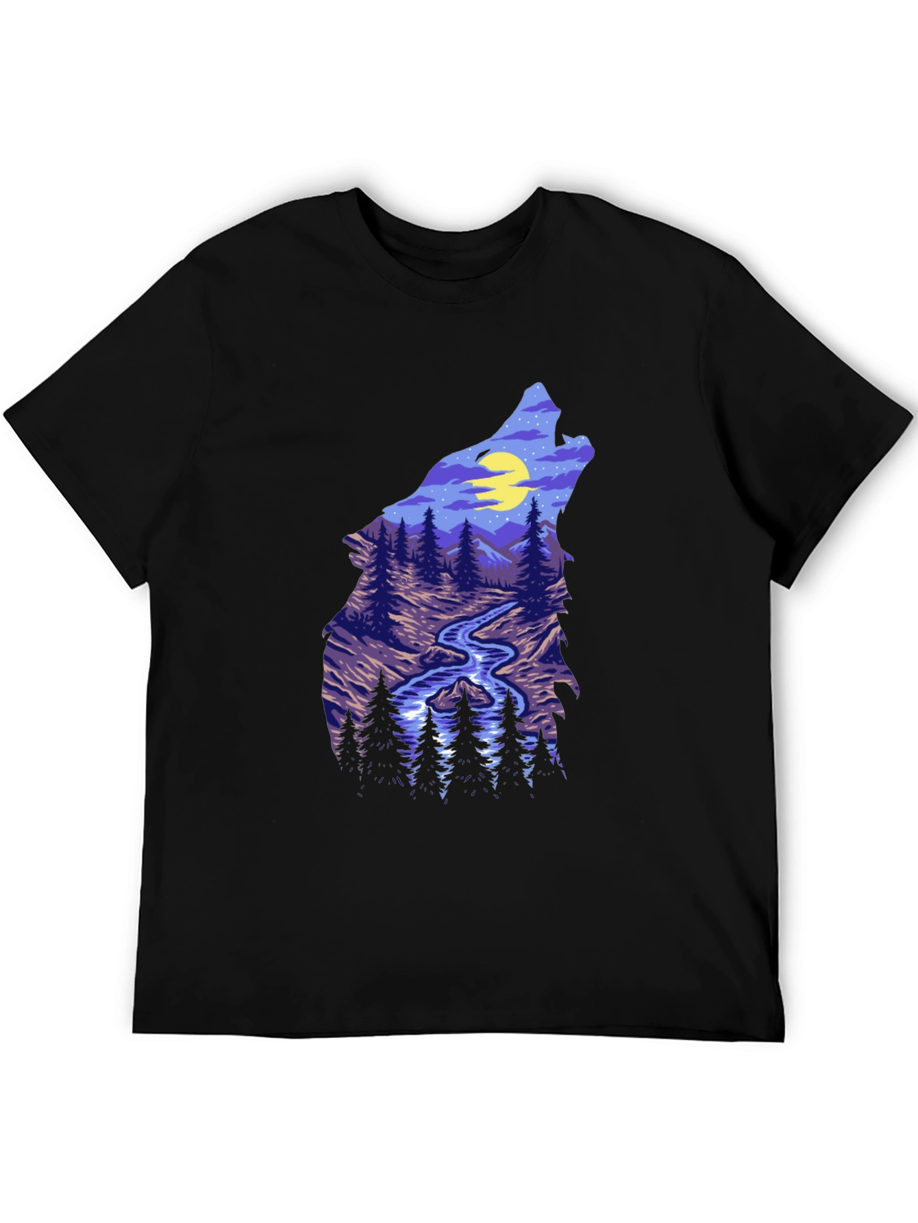 Wolf Silhouette Mountain Stream Graphic Tee