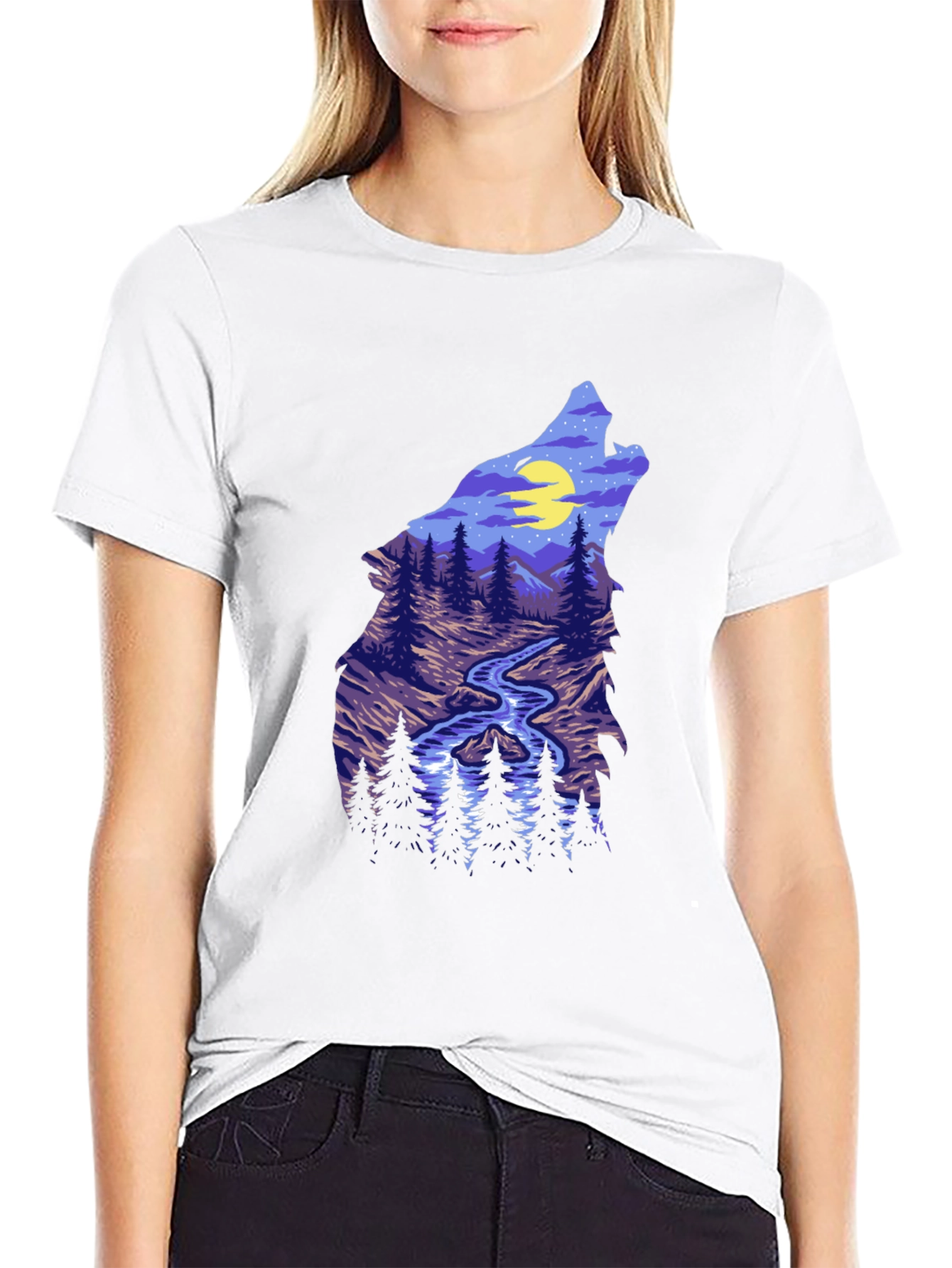 Wolf Silhouette Mountain Stream Graphic Tee