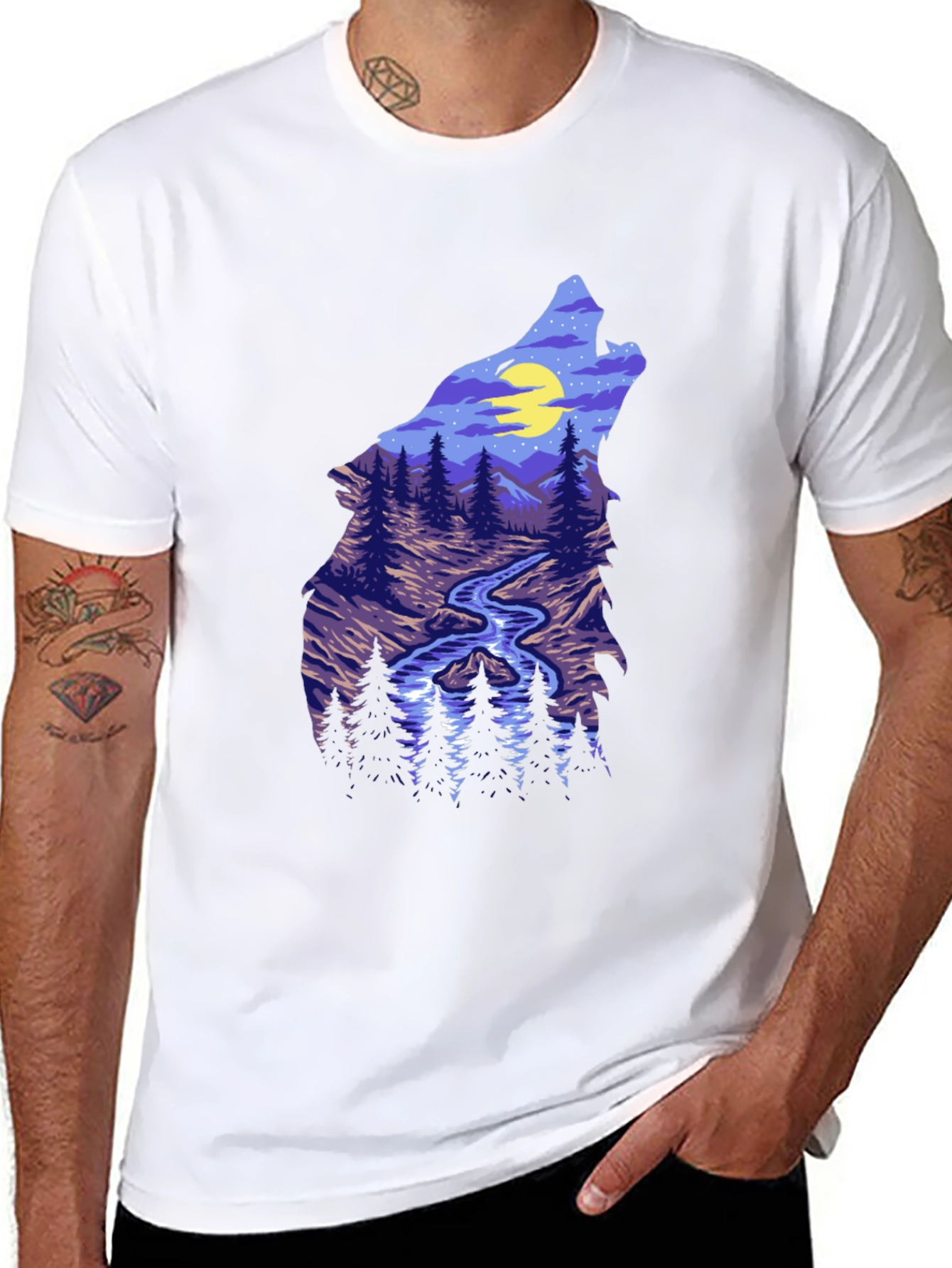 Wolf Silhouette Mountain Stream Graphic Tee