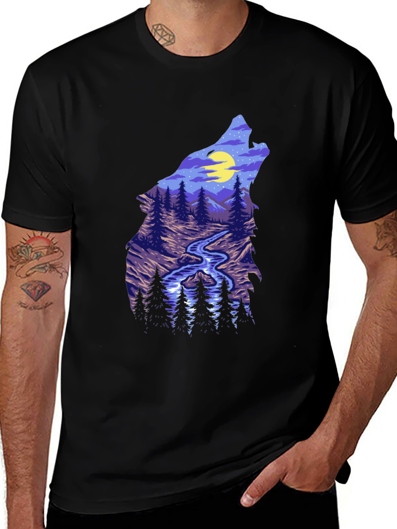 Wolf Silhouette Mountain Stream Graphic Tee