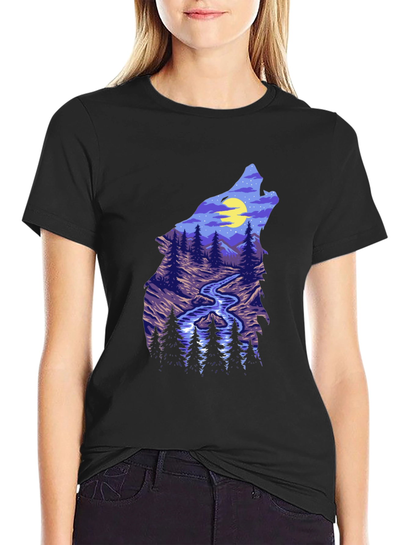 Wolf Silhouette Mountain Stream Graphic Tee