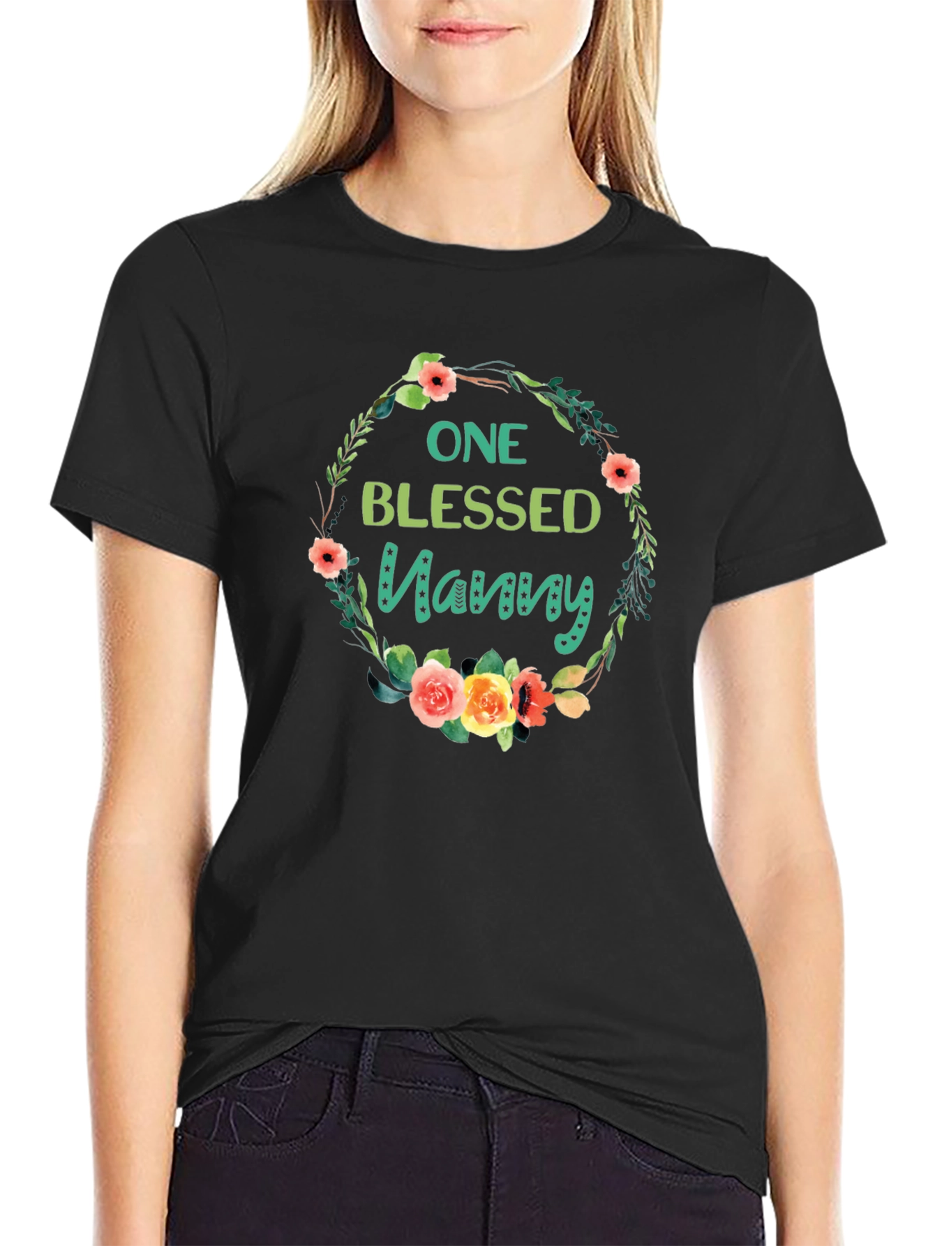 One Blessed Nanny T-Shirt Floral Wreath Design