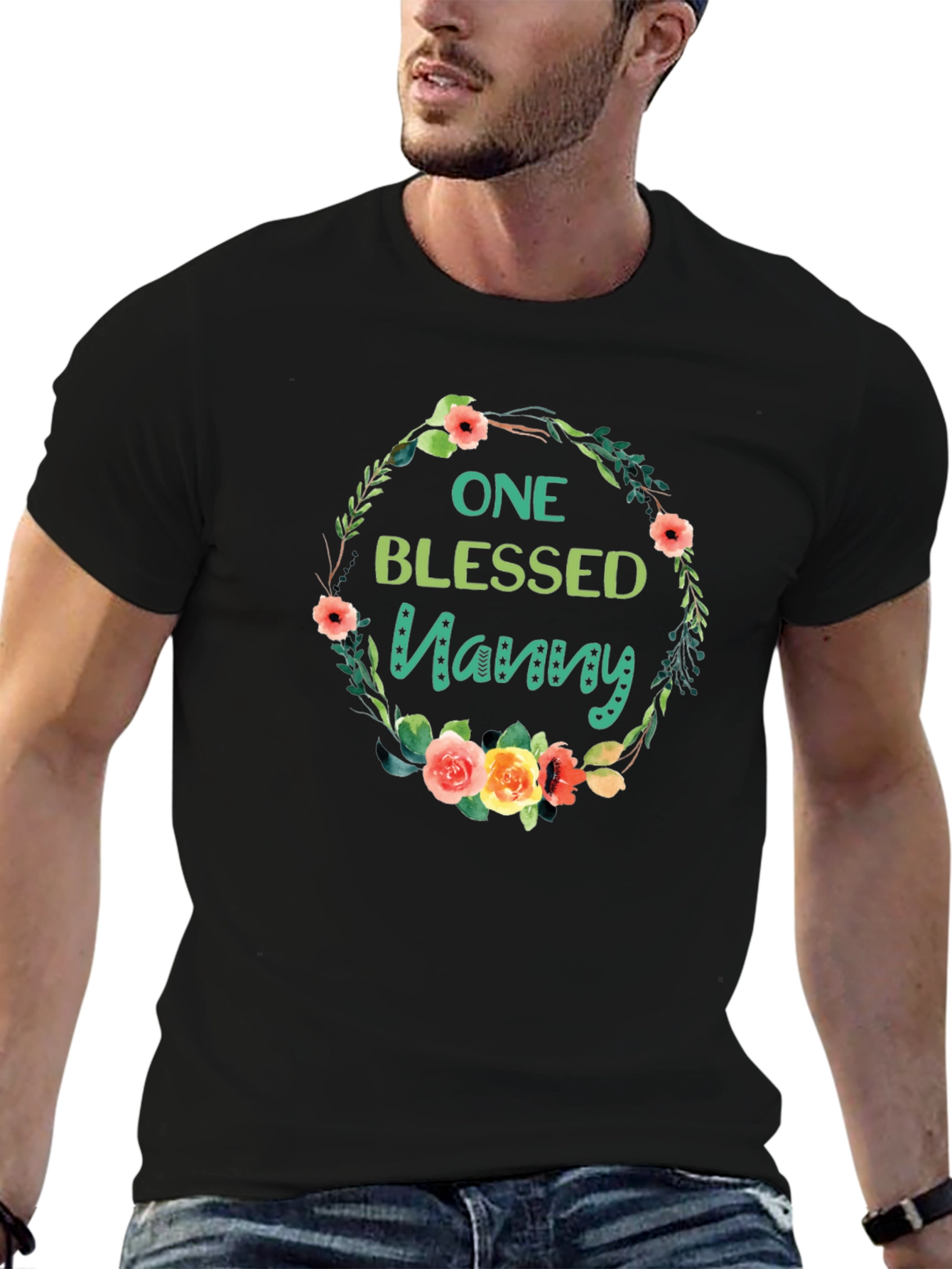 One Blessed Nanny T-Shirt Floral Wreath Design
