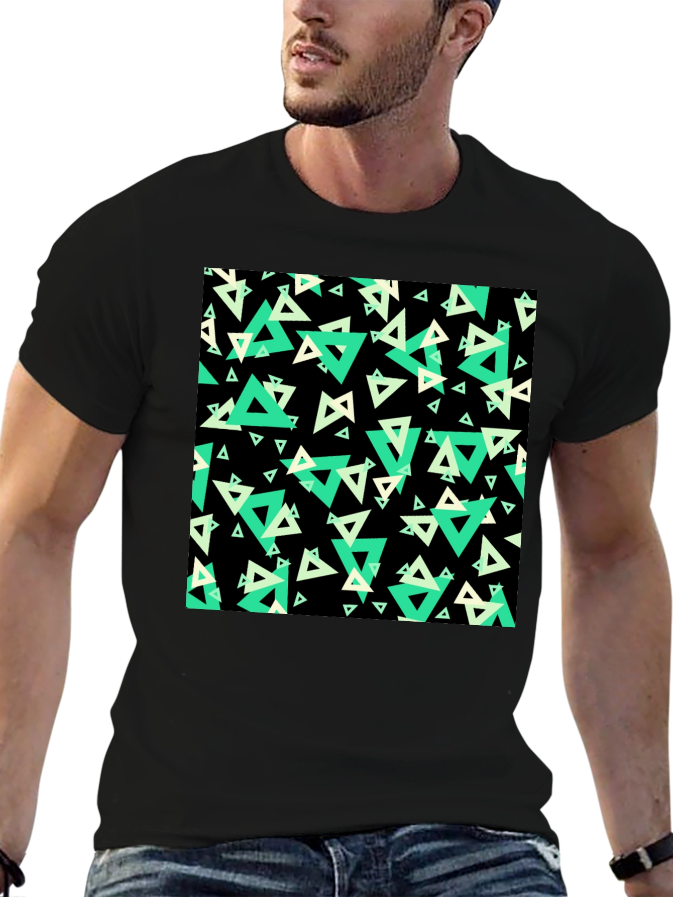 Geometric Triangle Print Black T-Shirt