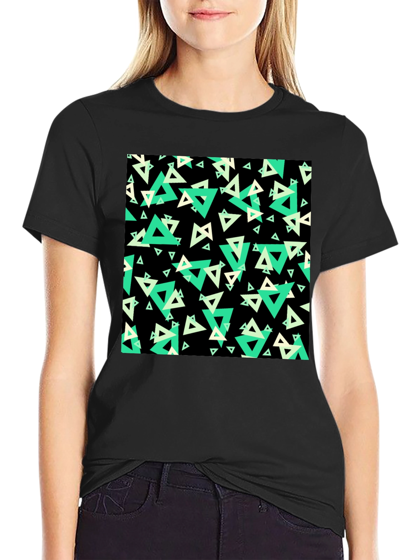 Geometric Triangle Print Black T-Shirt