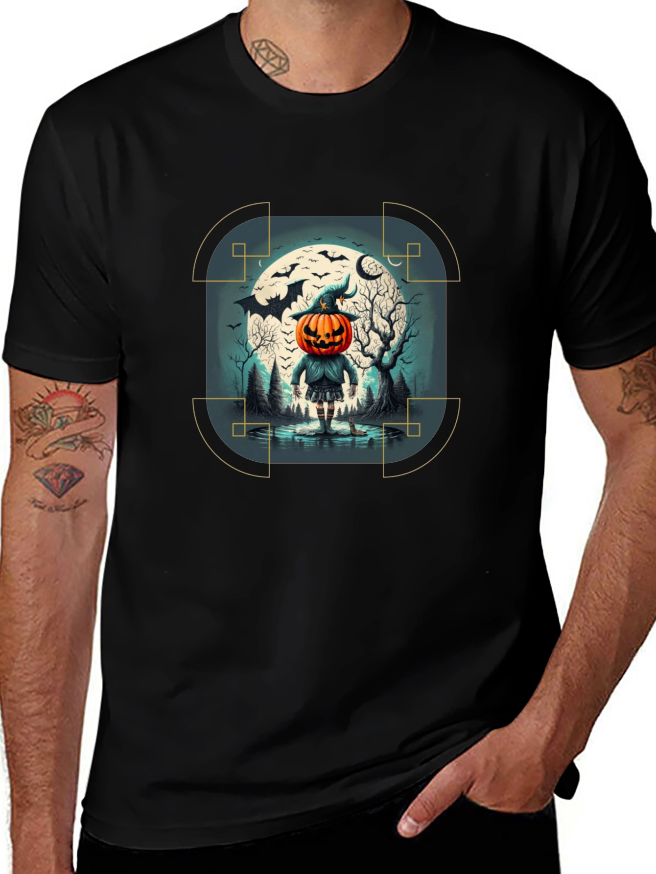 Halloween Pumpkin Head Graphic Tee - Mens Black T-Shirt