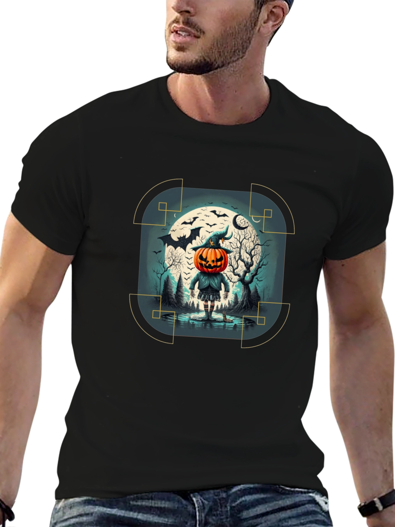 Halloween Pumpkin Head Graphic Tee - Mens Black T-Shirt