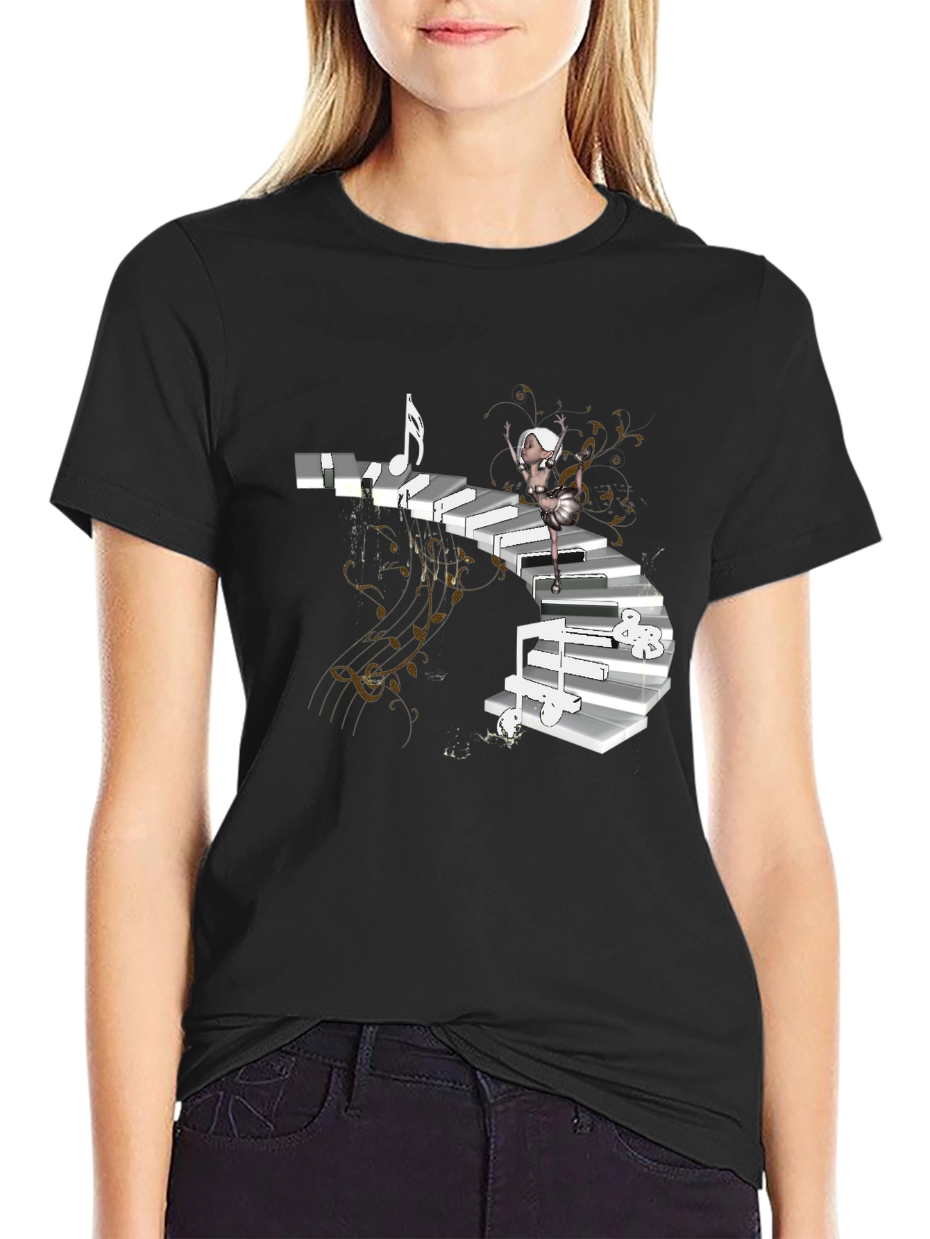 Piano Stairs Dancer Black T-Shirt