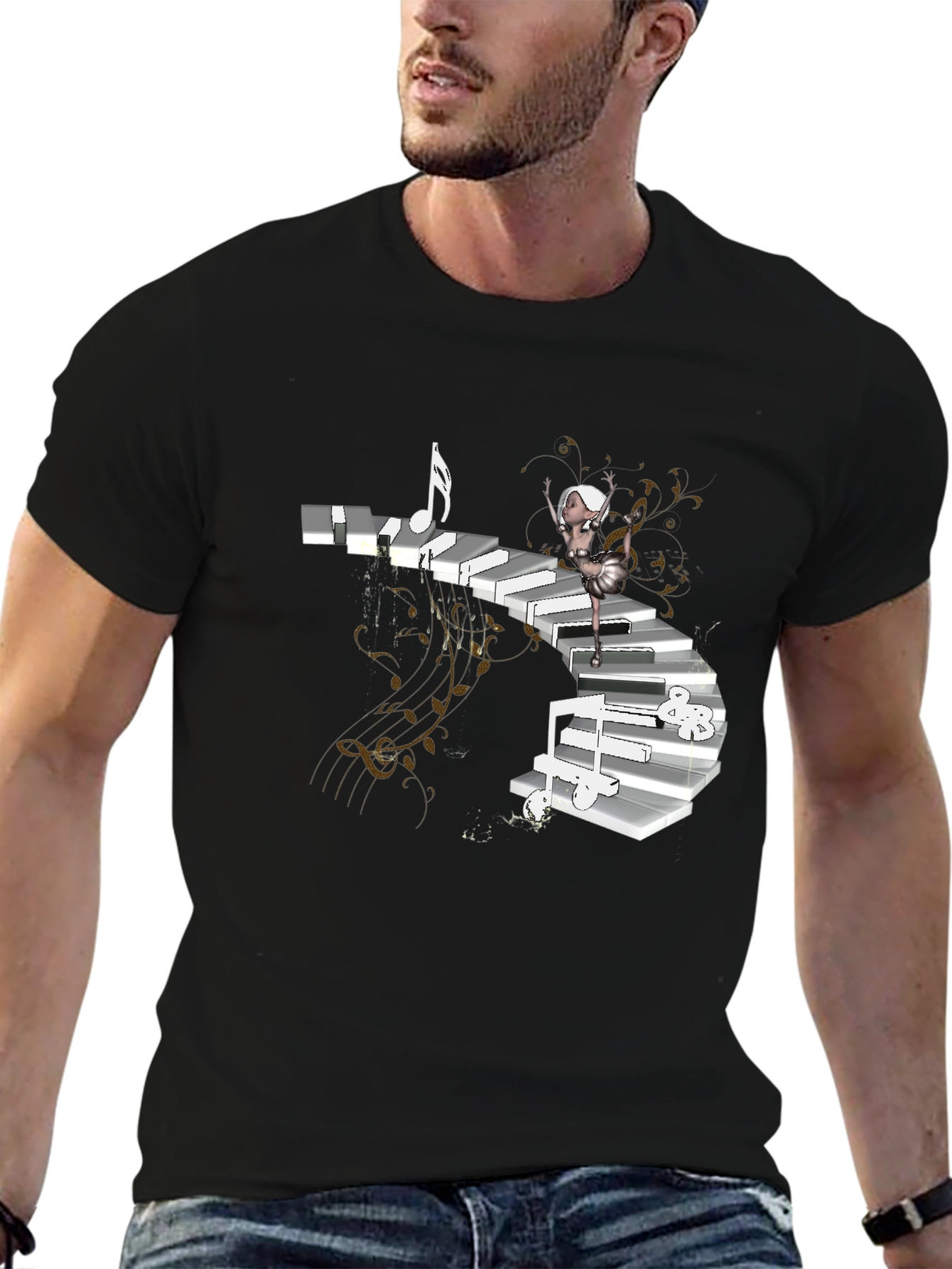 Piano Stairs Dancer Black T-Shirt
