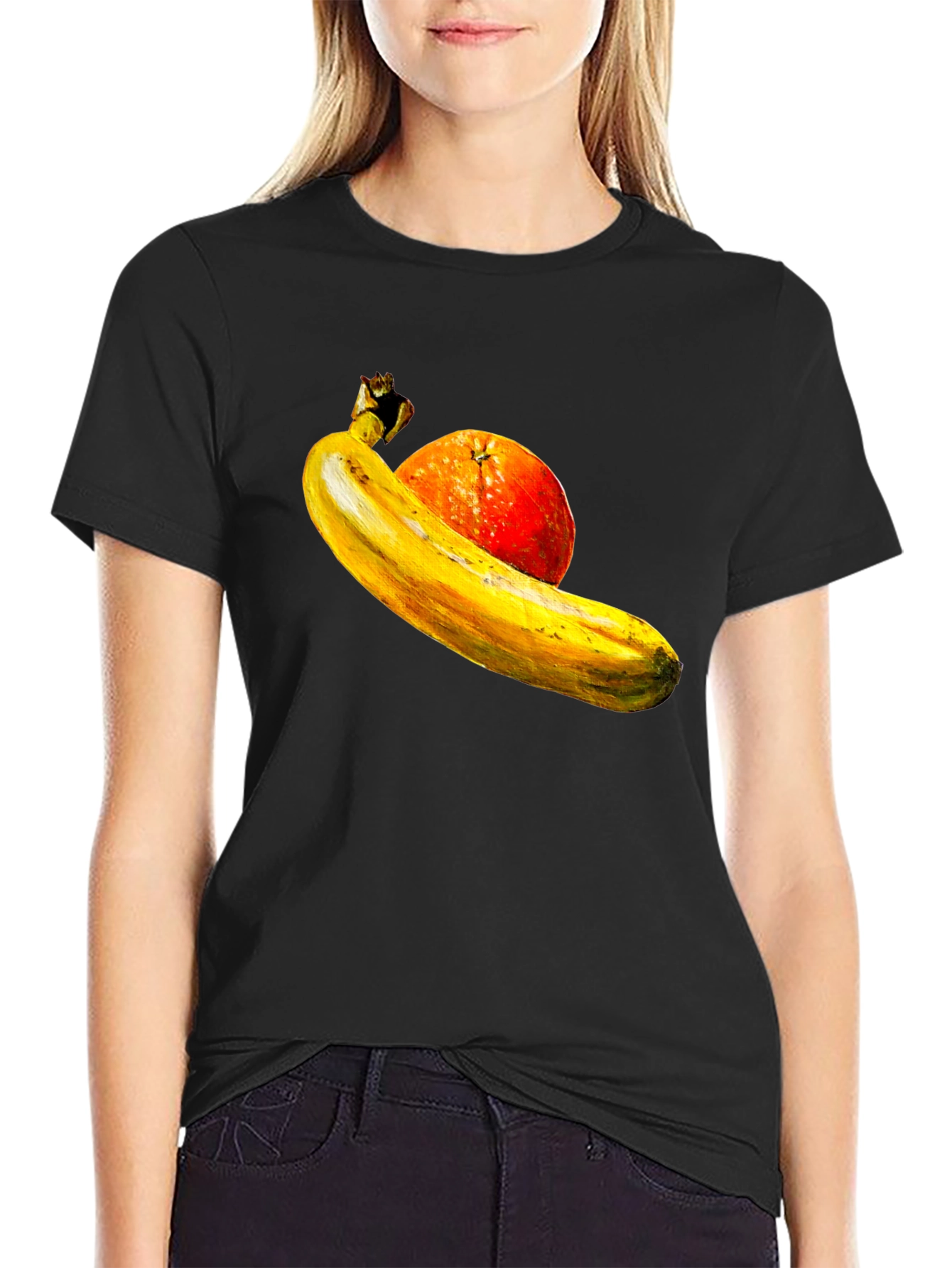 Banana Orange Graphic Print Black T-Shirt