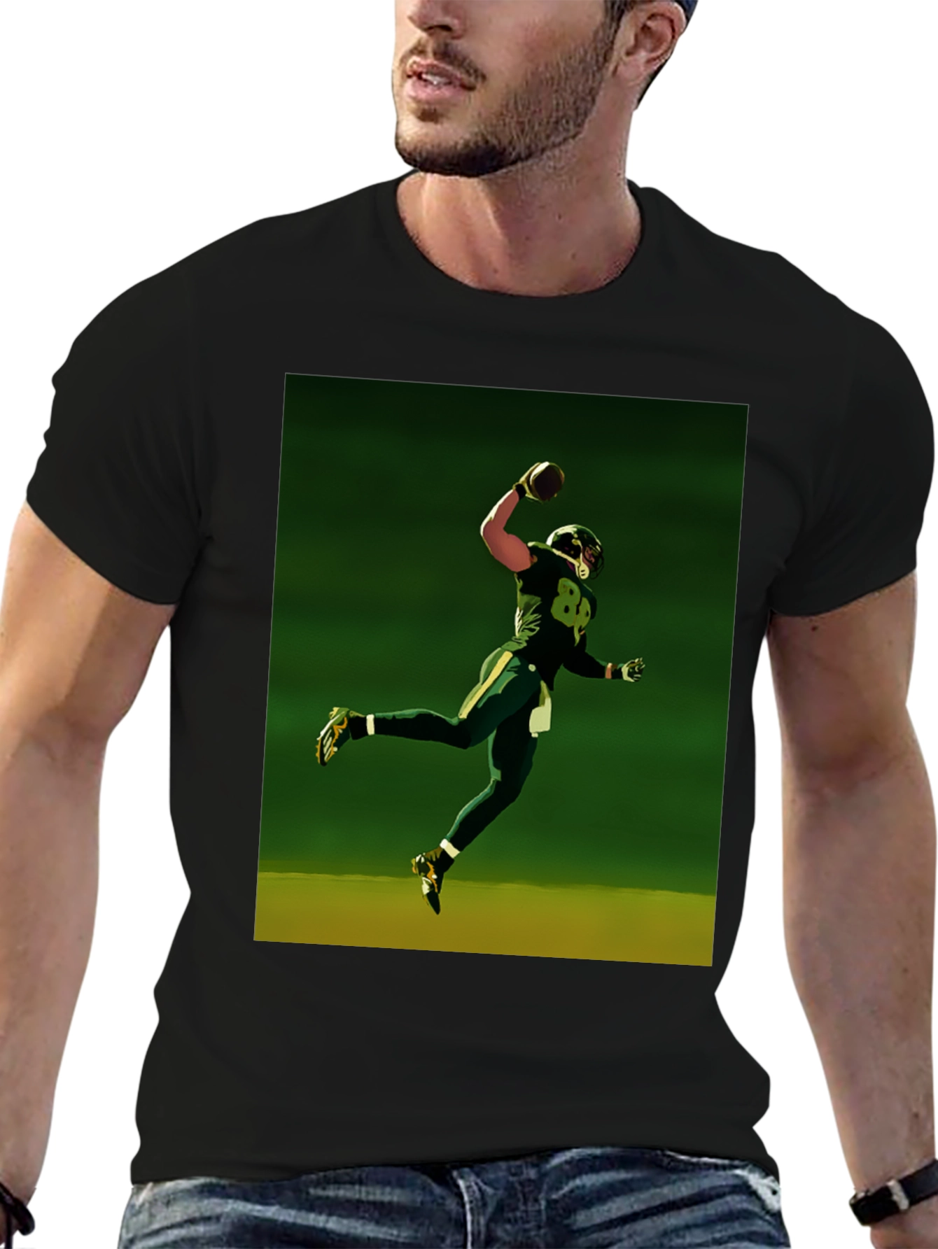 Football Player Graphic Tee - Black Cotton Shirt