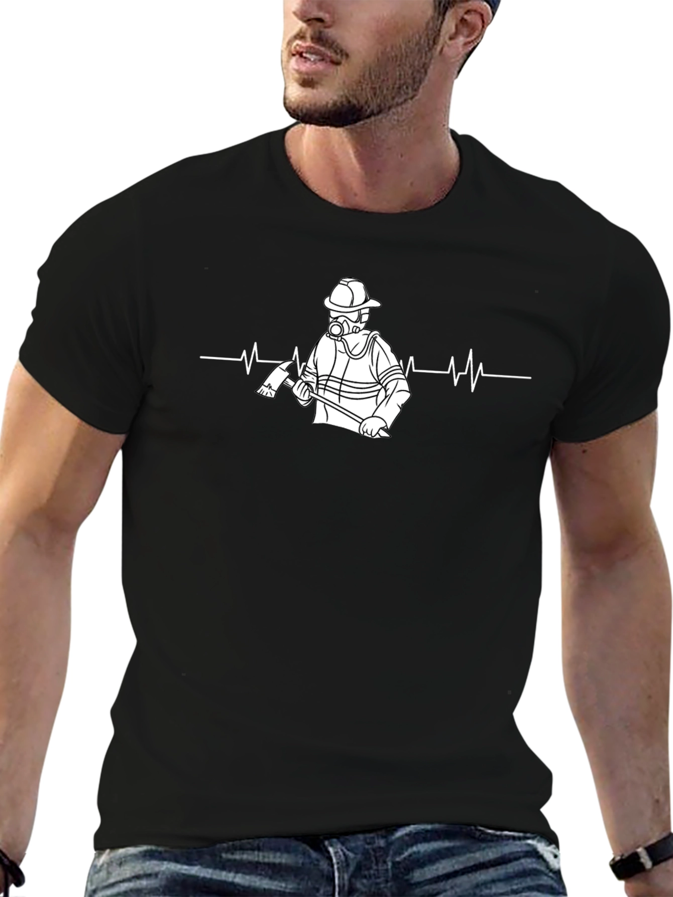 Firefighter Heartbeat T-Shirt - Black Cotton Crew Neck