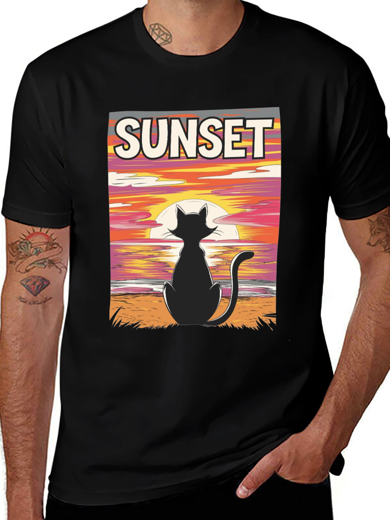 Sunset Cat Graphic Tee - Stylish Black T-Shirt
