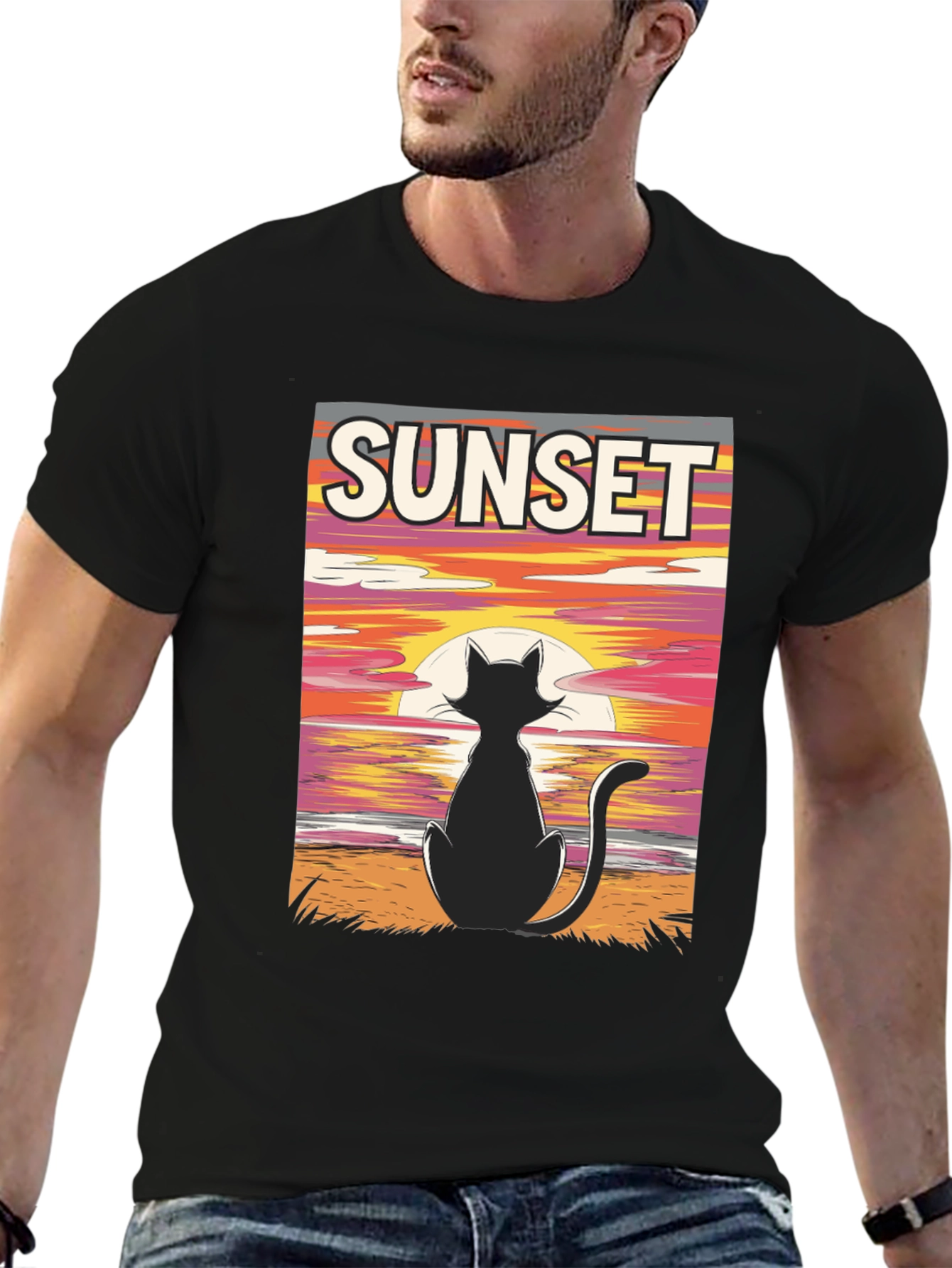 Sunset Cat Graphic Tee - Stylish Black T-Shirt