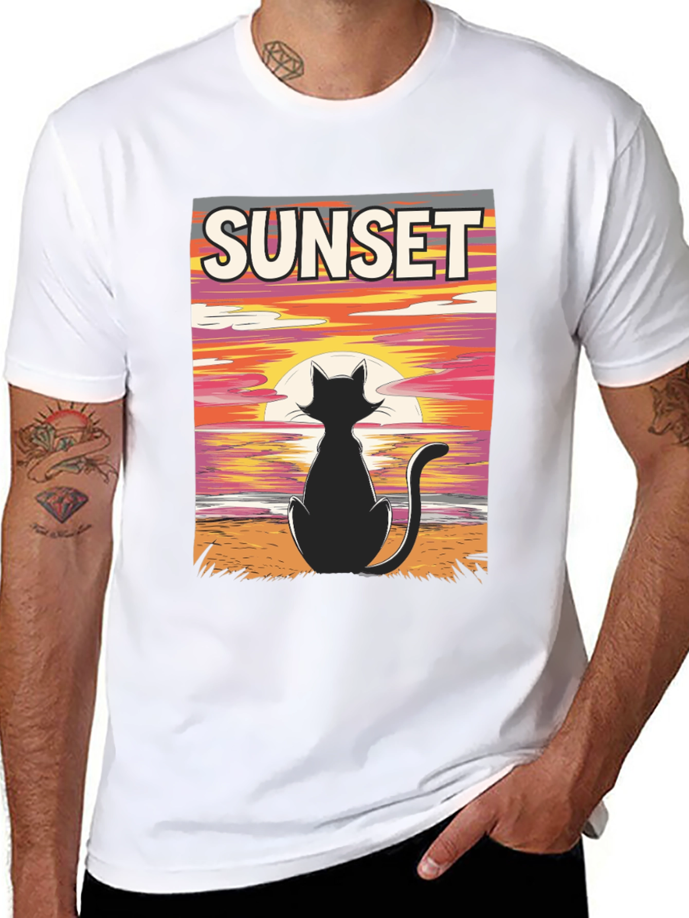 Sunset Cat Graphic Tee - Stylish Black T-Shirt