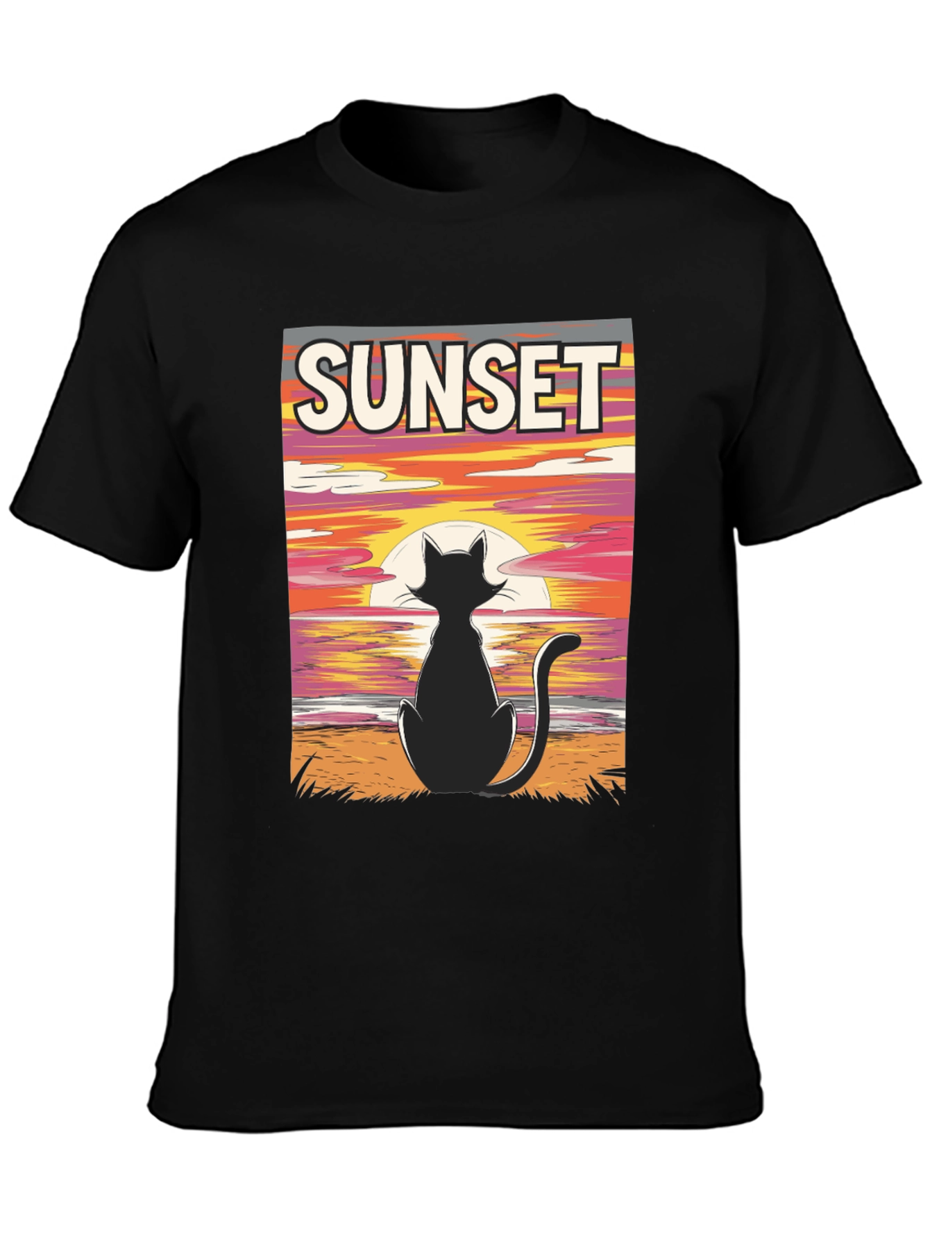 Sunset Cat Graphic Tee - Stylish Black T-Shirt