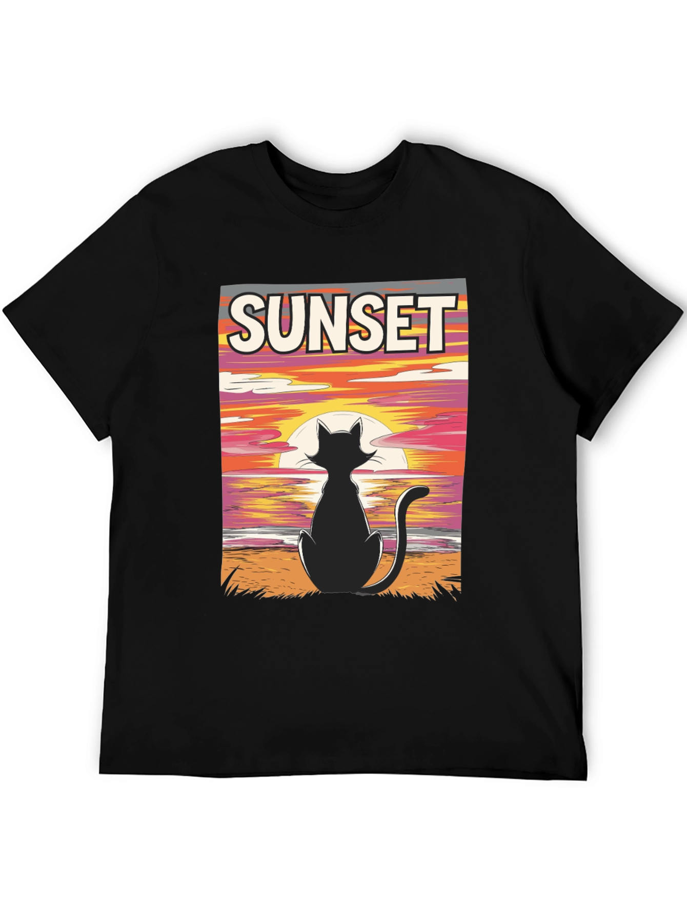 Sunset Cat Graphic Tee - Stylish Black T-Shirt