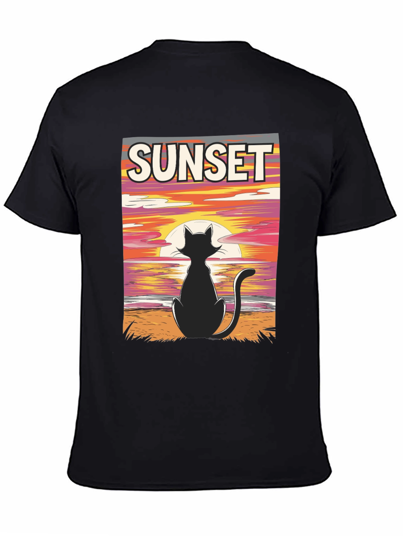 Sunset Cat Graphic Tee - Stylish Black T-Shirt