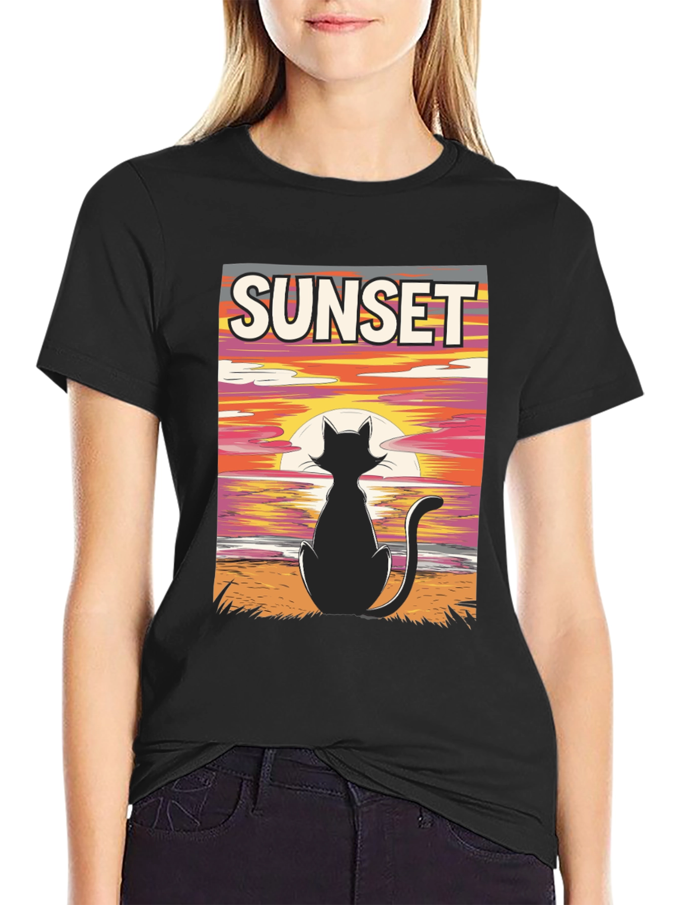 Sunset Cat Graphic Tee - Stylish Black T-Shirt