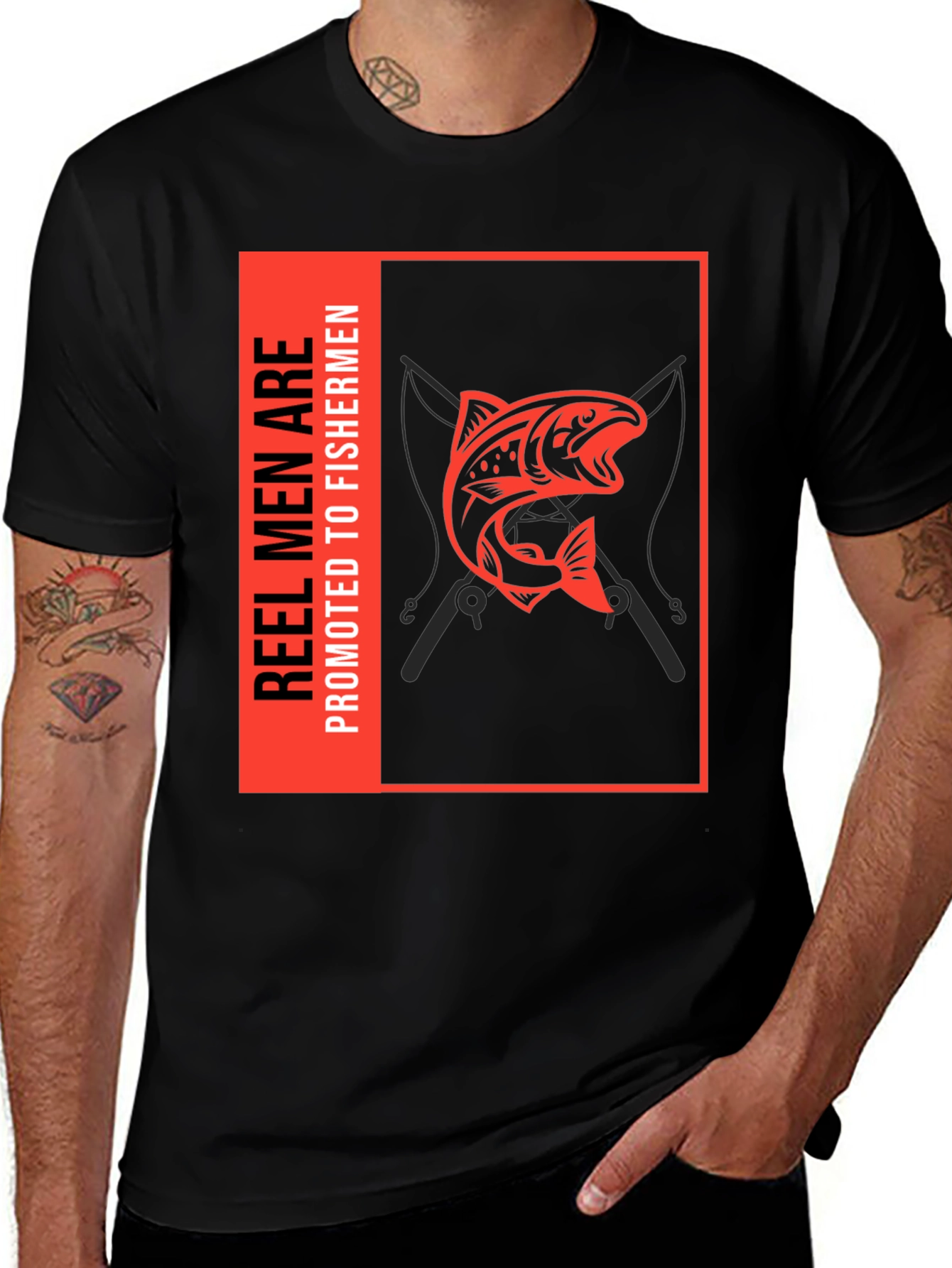 Reel Men are Promoted to Fishermen Black T-Shirt