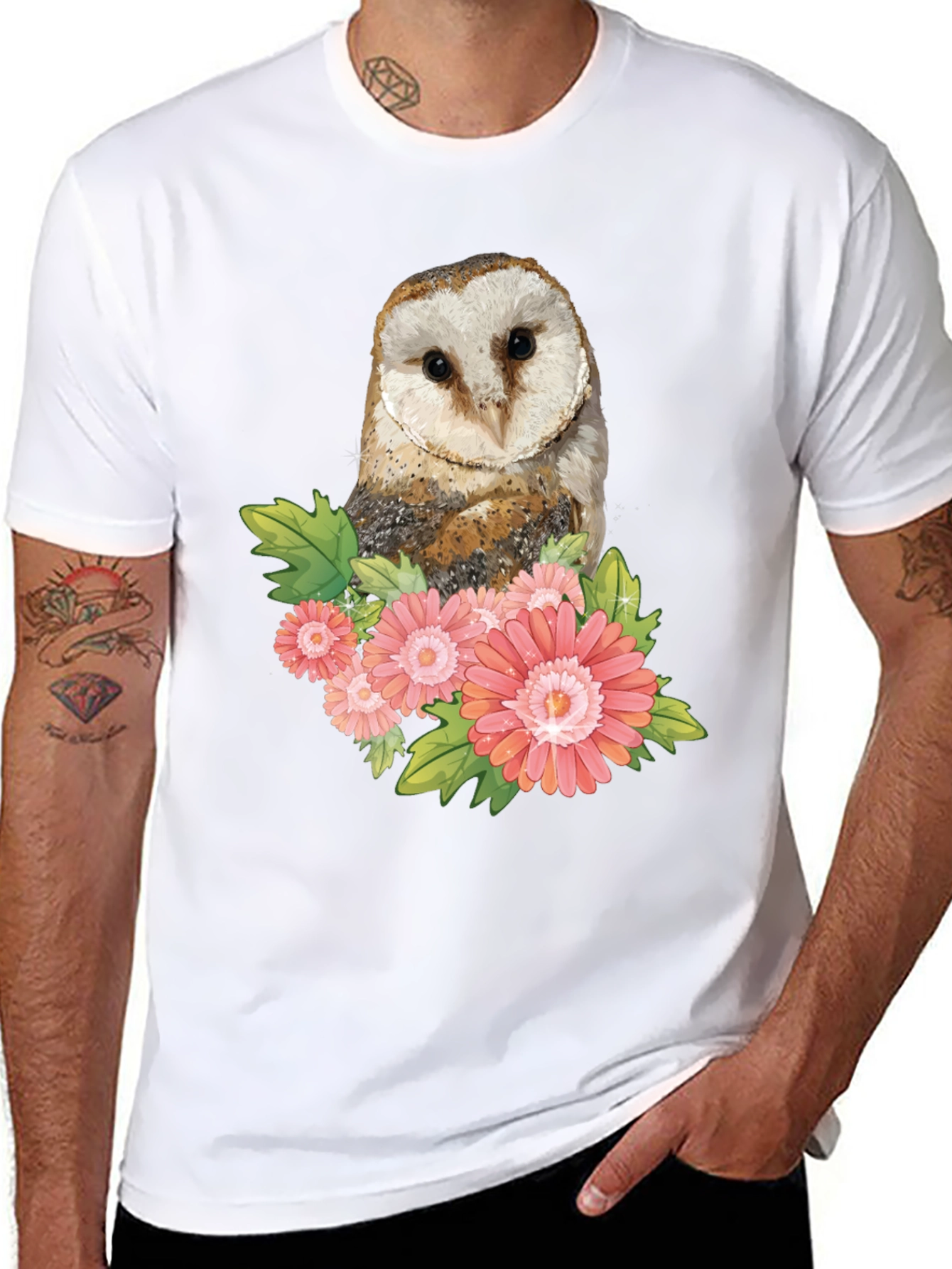 Owl and Flower Graphic T-Shirt