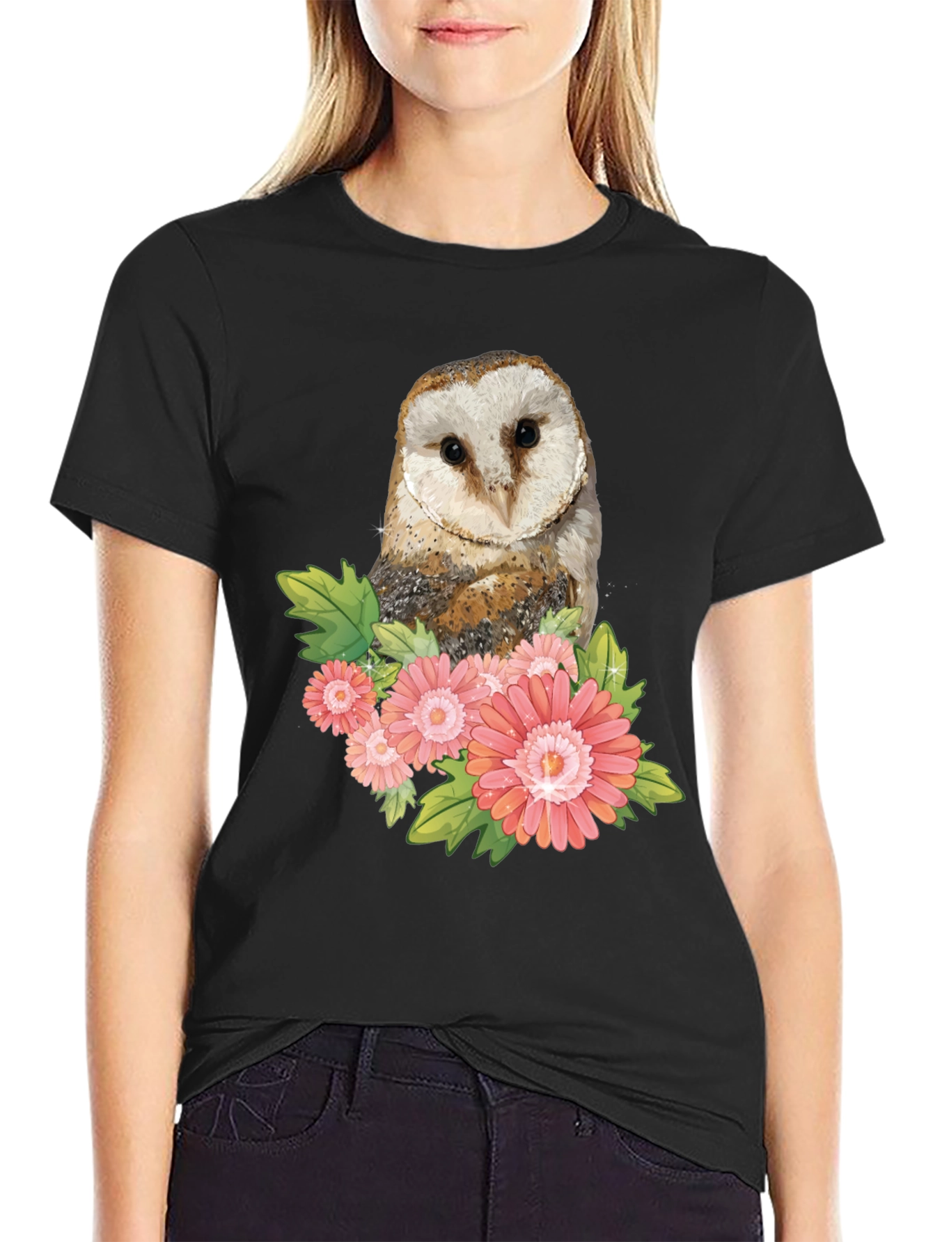 Owl and Flower Graphic T-Shirt