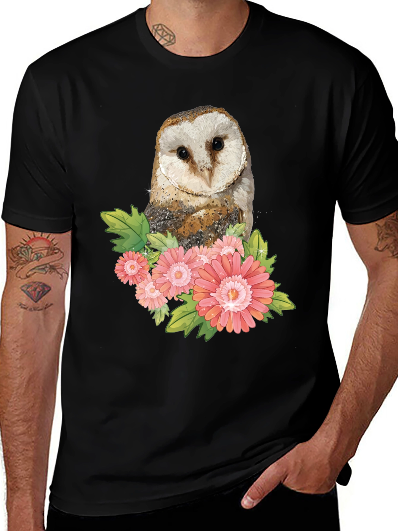 Owl and Flower Graphic T-Shirt