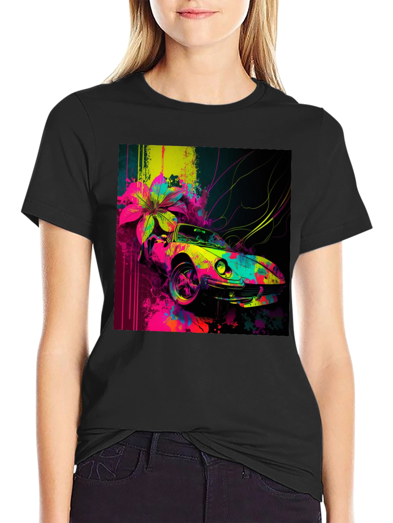 Vibrant Car Graphic Tee - Stylish Mens Black T-Shirt