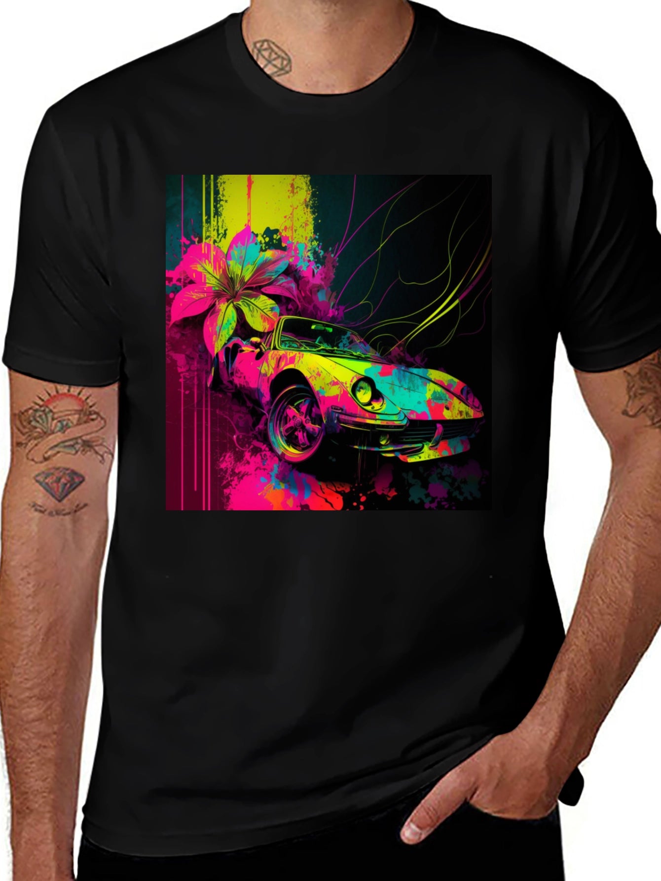 Vibrant Car Graphic Tee - Stylish Mens Black T-Shirt