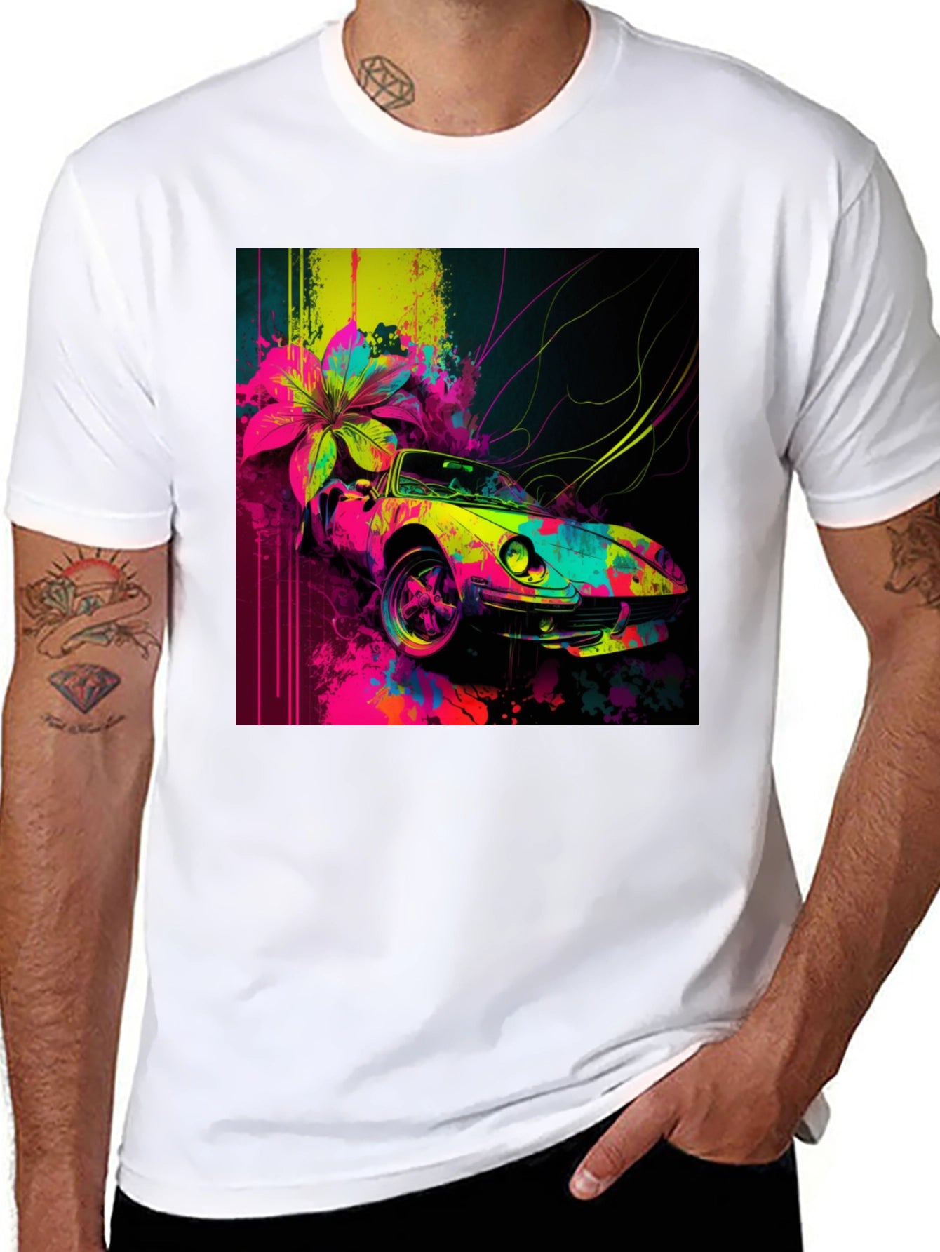 Vibrant Car Graphic Tee - Stylish Mens Black T-Shirt