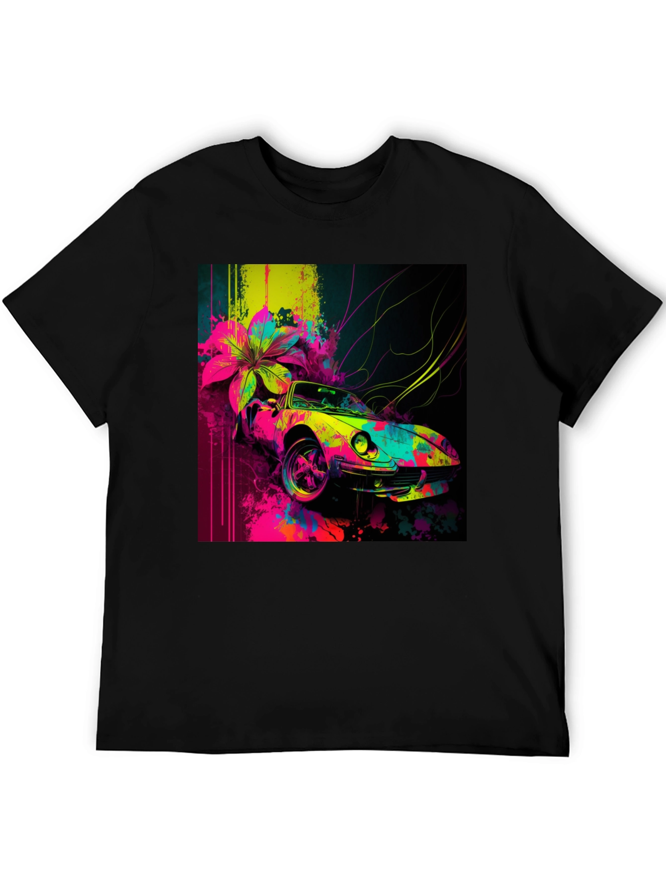 Vibrant Car Graphic Tee - Stylish Mens Black T-Shirt