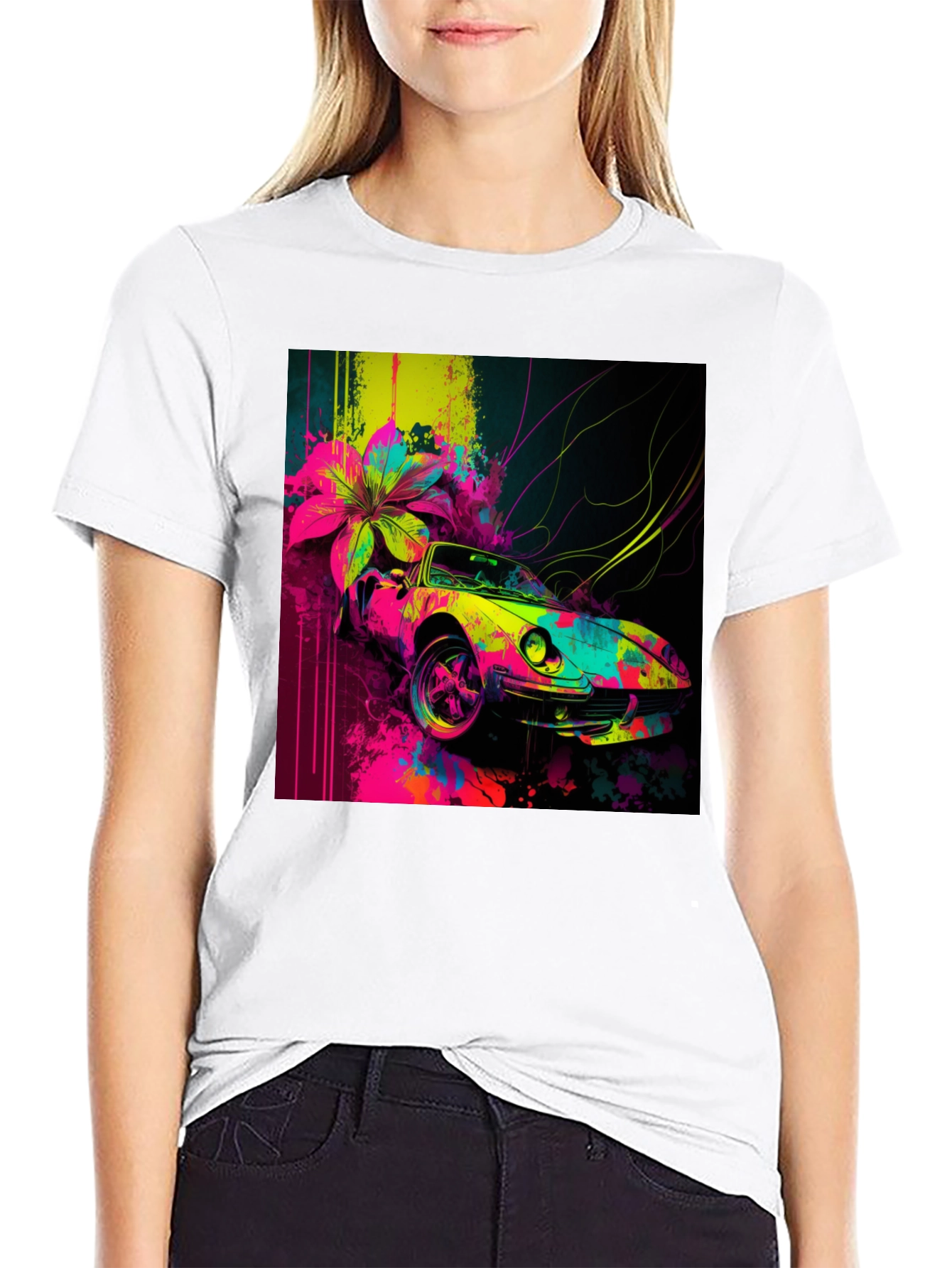 Vibrant Car Graphic Tee - Stylish Mens Black T-Shirt