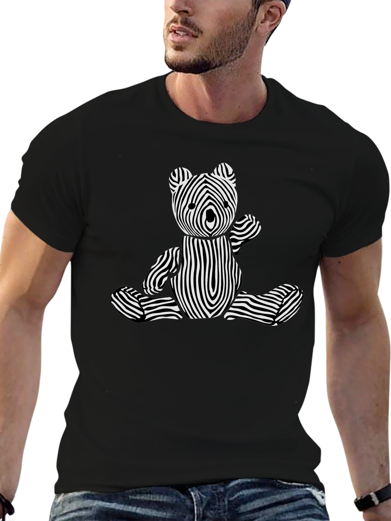Optical Illusion Bear Graphic Tee - Black