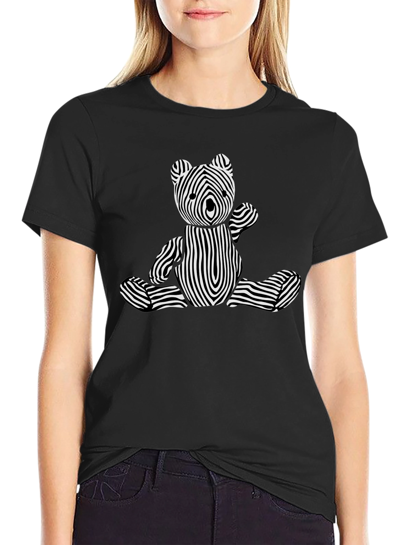 Optical Illusion Bear Graphic Tee - Black