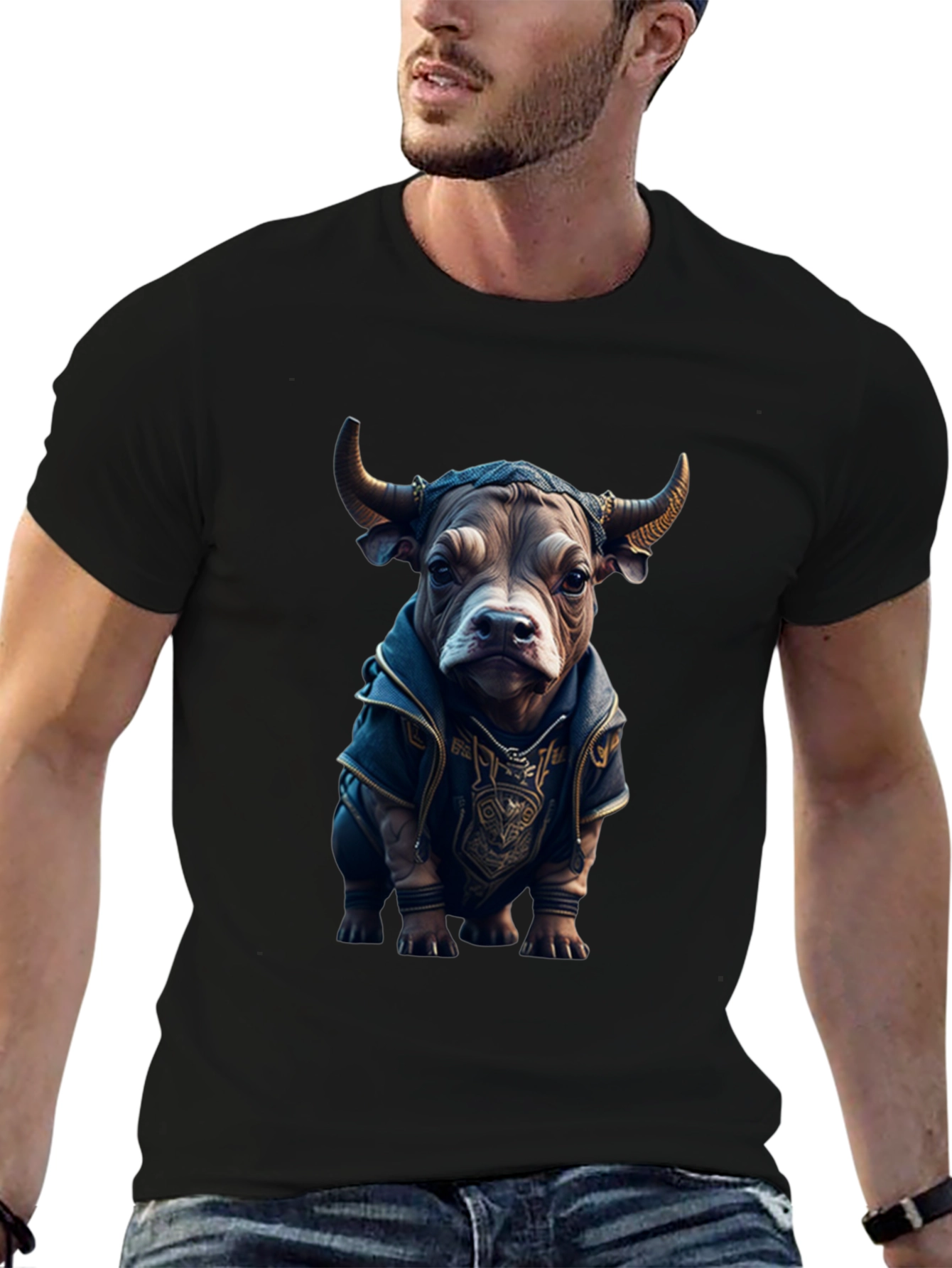 Bull in Hoodie Graphic Tee - Unique Design