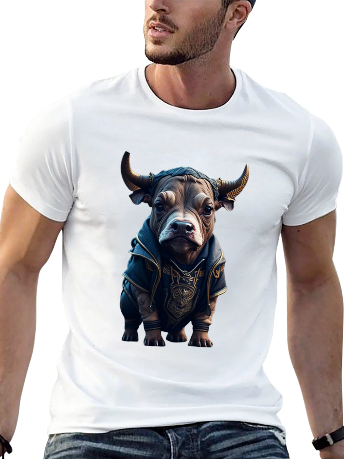 Bull in Hoodie Graphic Tee - Unique Design