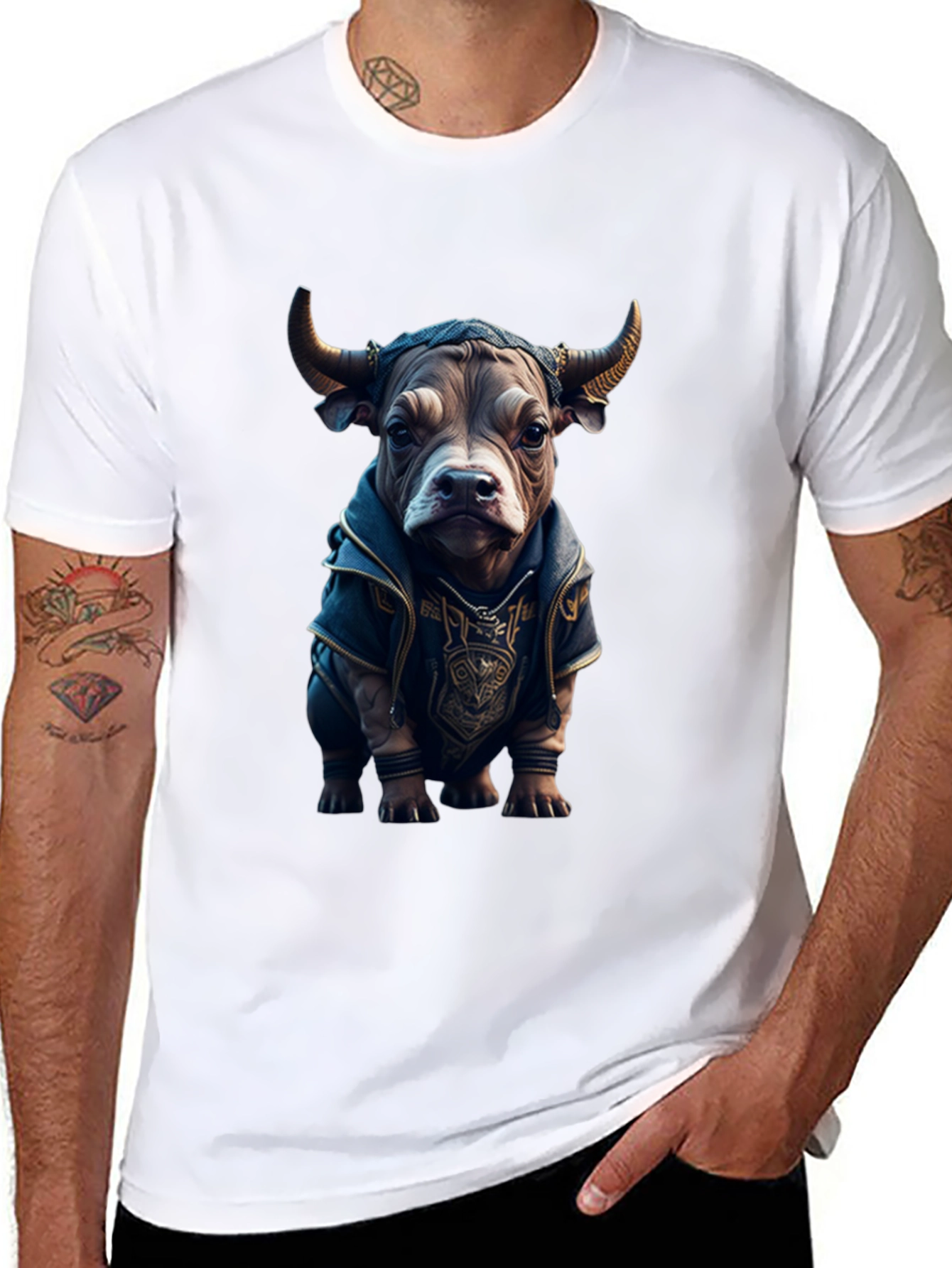 Bull in Hoodie Graphic Tee - Unique Design