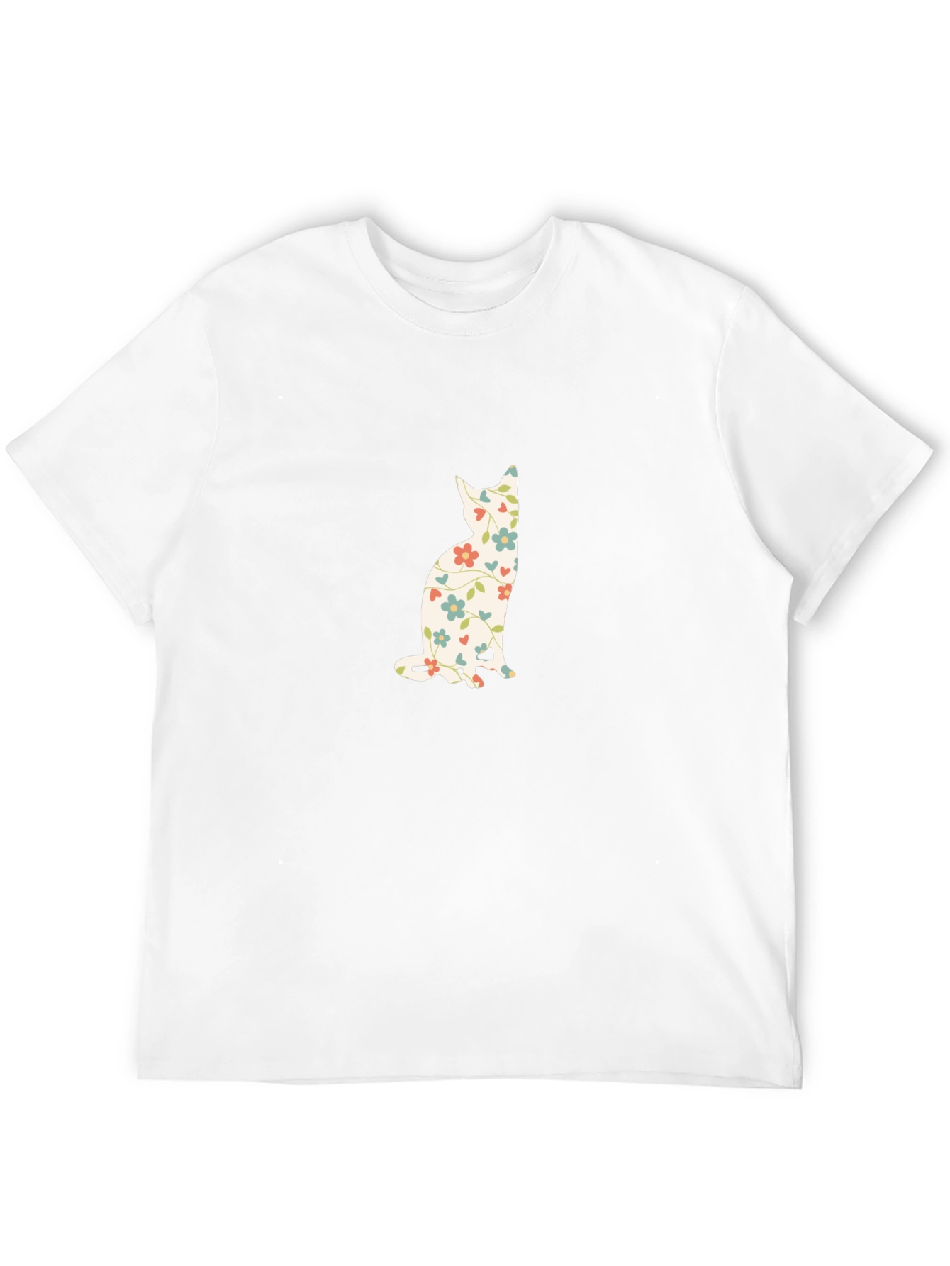 Floral Cat Print Black T-Shirt