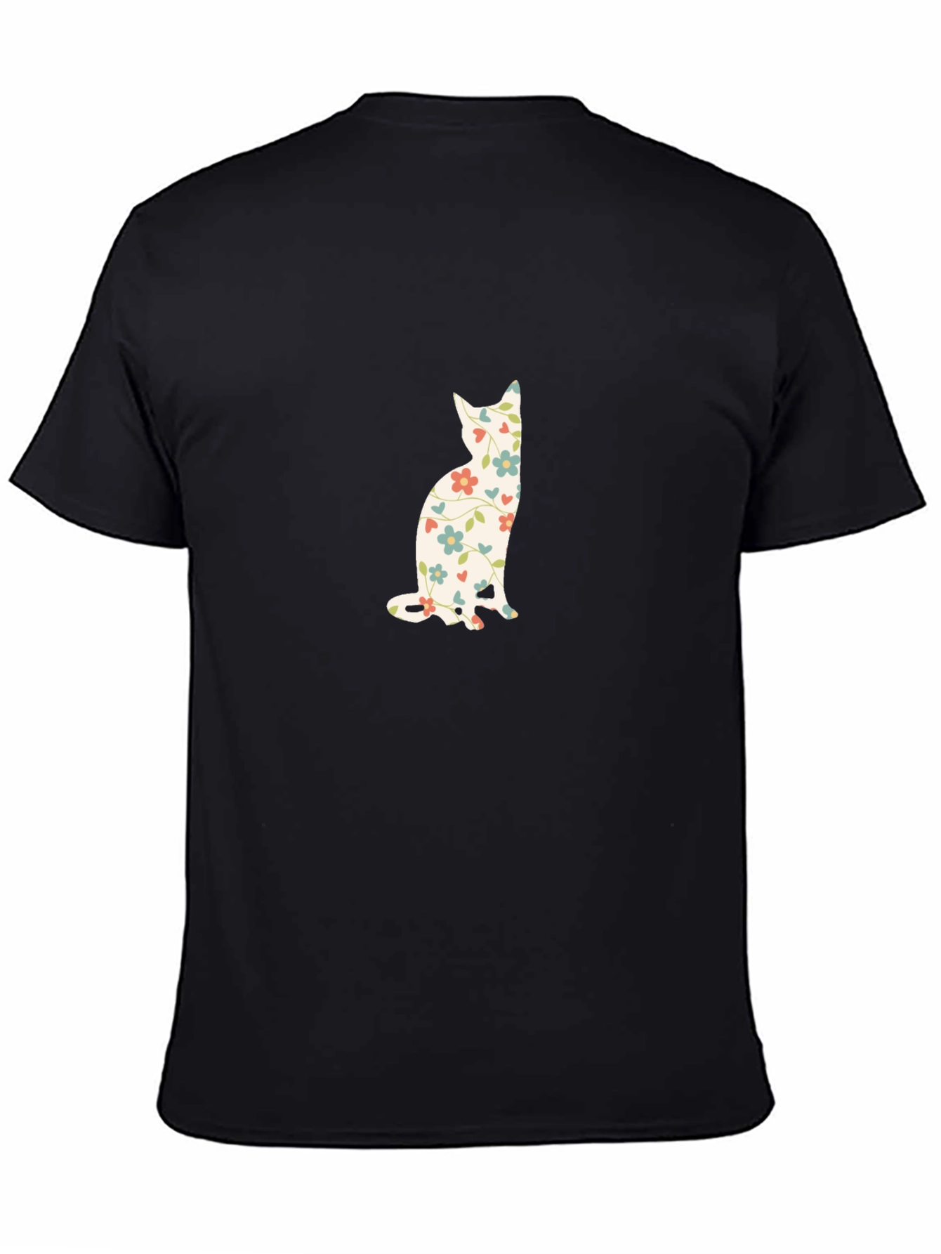 Floral Cat Print Black T-Shirt