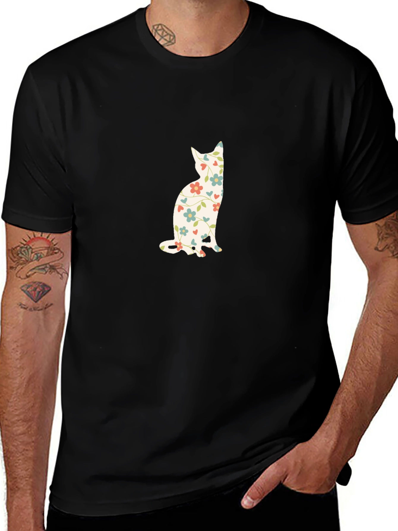 Floral Cat Print Black T-Shirt