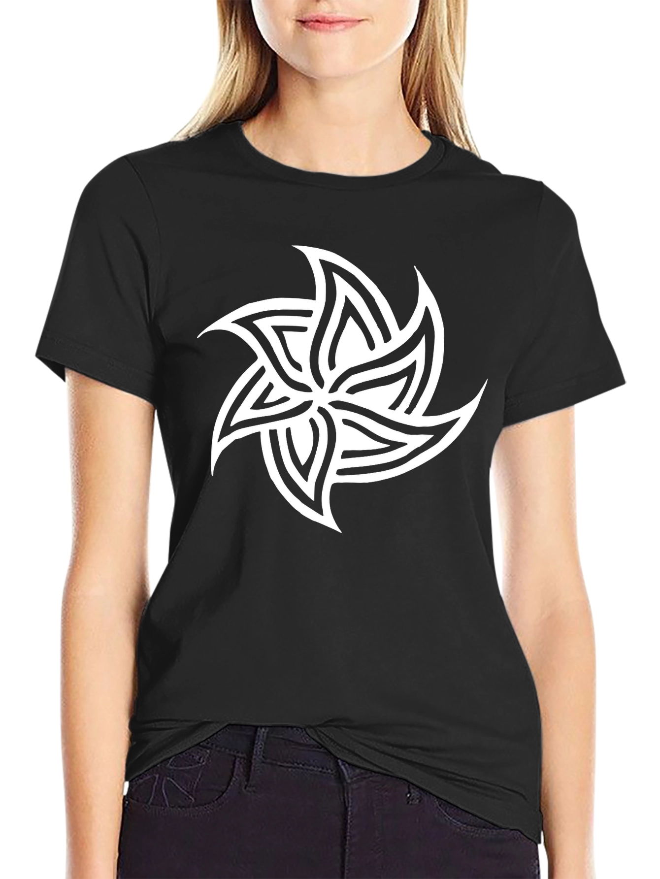 Mens Black T-Shirt with White Geometric Star Design