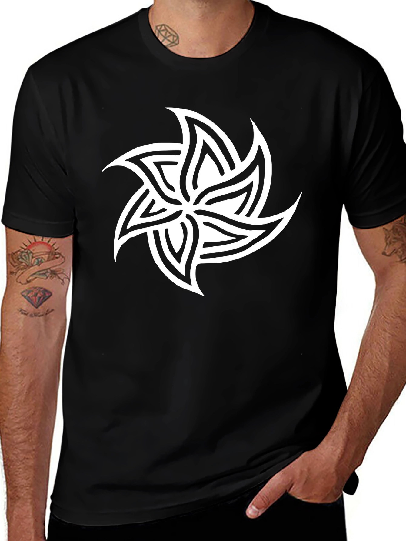 Mens Black T-Shirt with White Geometric Star Design